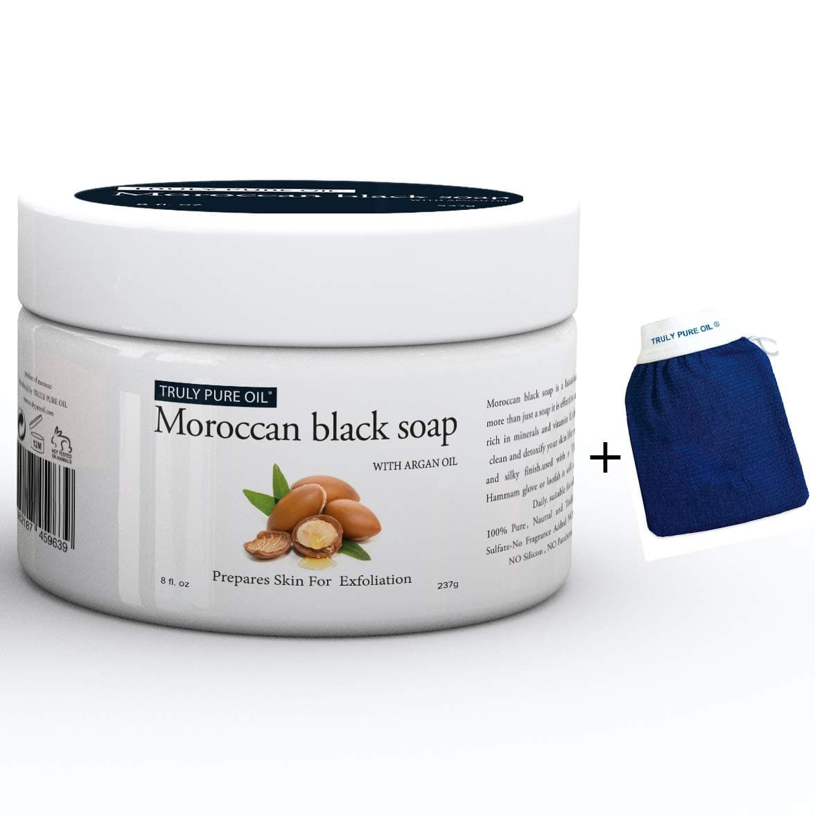 2 in 1 Pack Truly Pure Oil Moroccan Black Soap with Argan oil + Free Kessa Glove - African Soap Prepare skin for removing dead skin and impurities- deep cleansing and soft skin 8oz (237g)