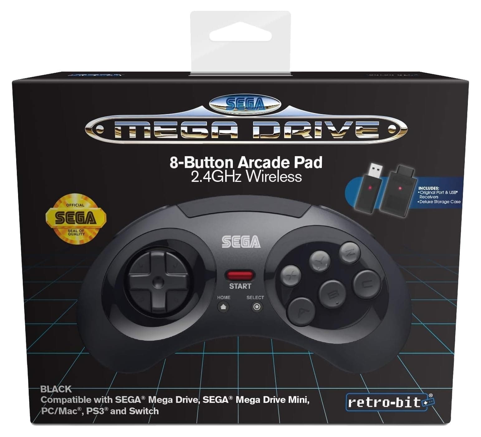 Retro-Bit Official SEGA Wireless Arcade Pad - 8-Button, 2.4GHz for MEGA DRIVE MINI, PC, Switch, macOS, PS3, Steam, RetroPie, Raspberry Pi (Black)