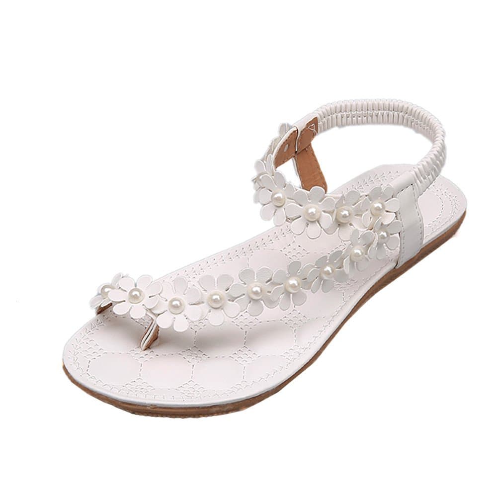 Summer Bohemia Flower Beads Flip-Flop Shoes Flat Sandals White