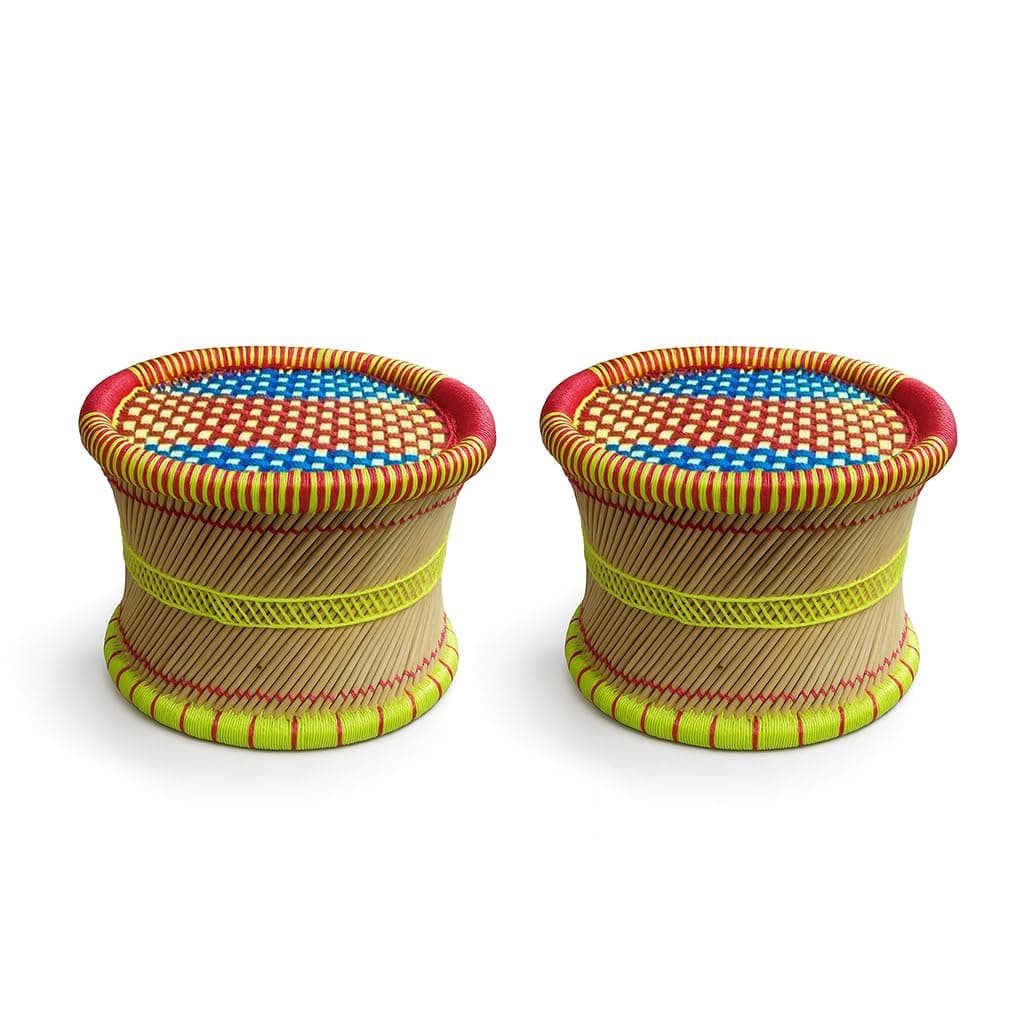 Cane Bar Stool Mudda Handwoven Multicolour Bamboo & Cane Chair Eco-Friendly, Lightweight, Durable Seating for Indoor & Outdoor Use (2pc)