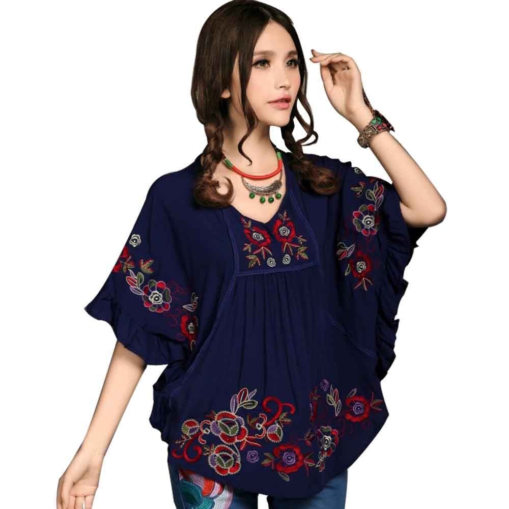 Ashir Aley Batwing Floral Embroidered Loosen Peasant Butterfly Mexican Blouse