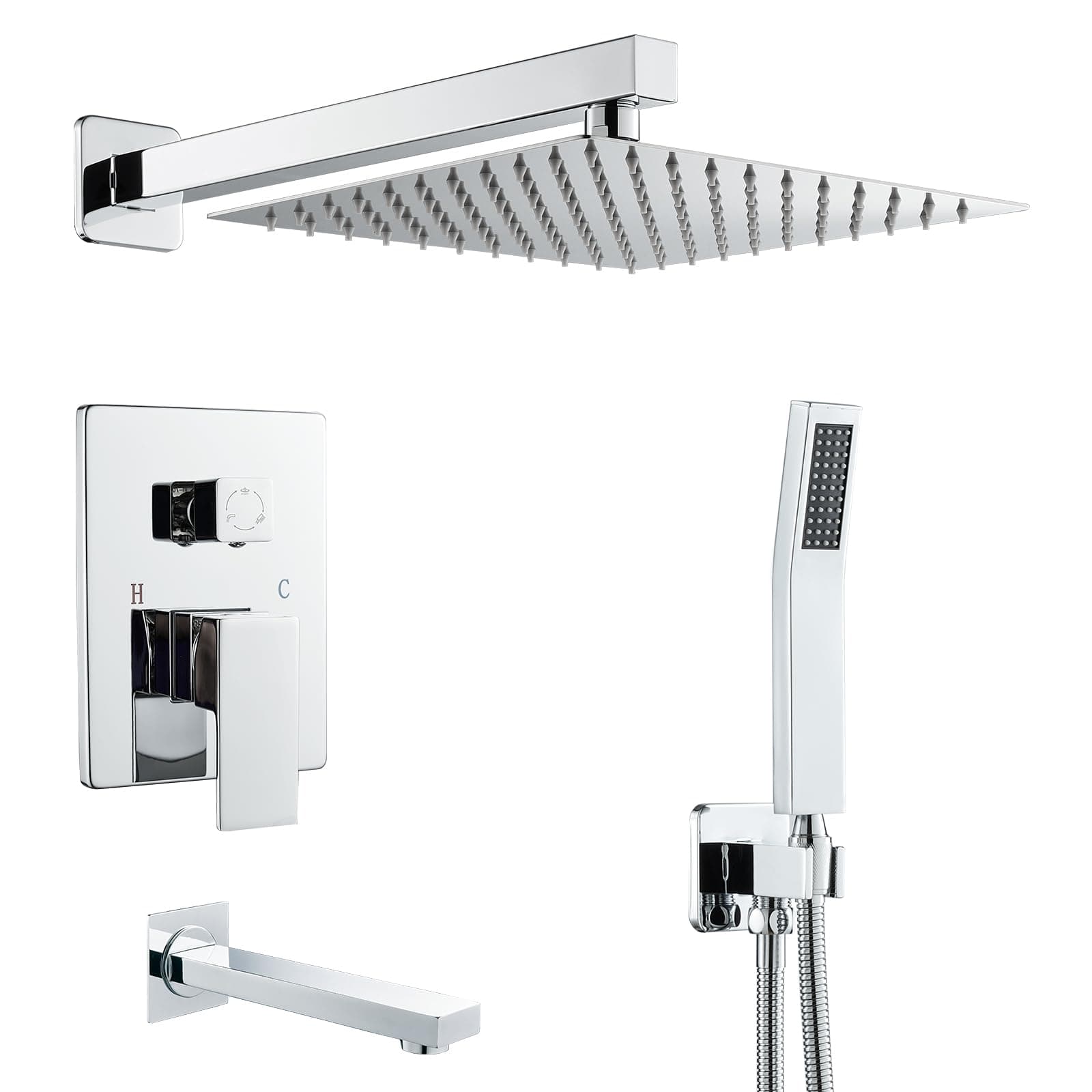 Concealed Shower System Wall Mounted, 3-Function Shower System with 10 Inch High Pressure Rainfall Shower Head, Handheld Shower and Bath Spout, Brass Shower Mixer Set, Chrome