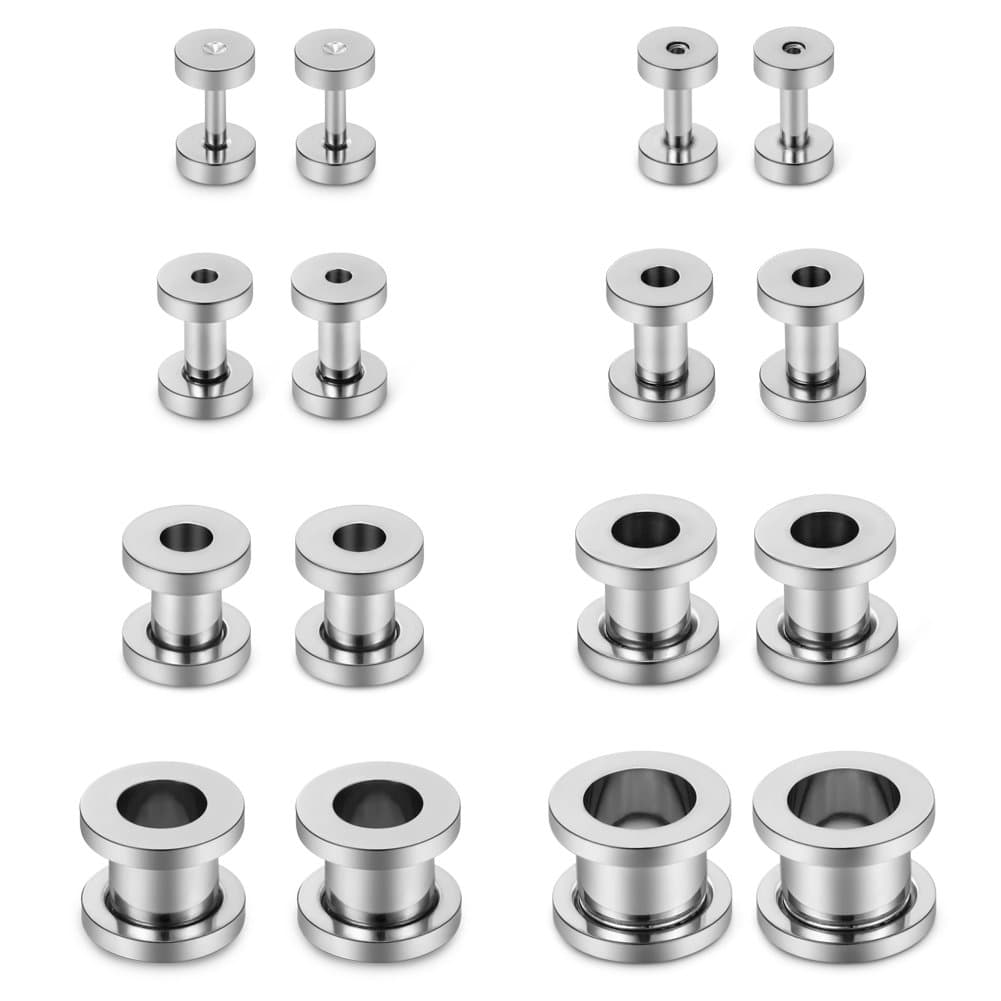 16PCS Screw Ear Tunnels Stretching Kit Stainless Steel Gauge Plugs Expanders Set 14G-00G
