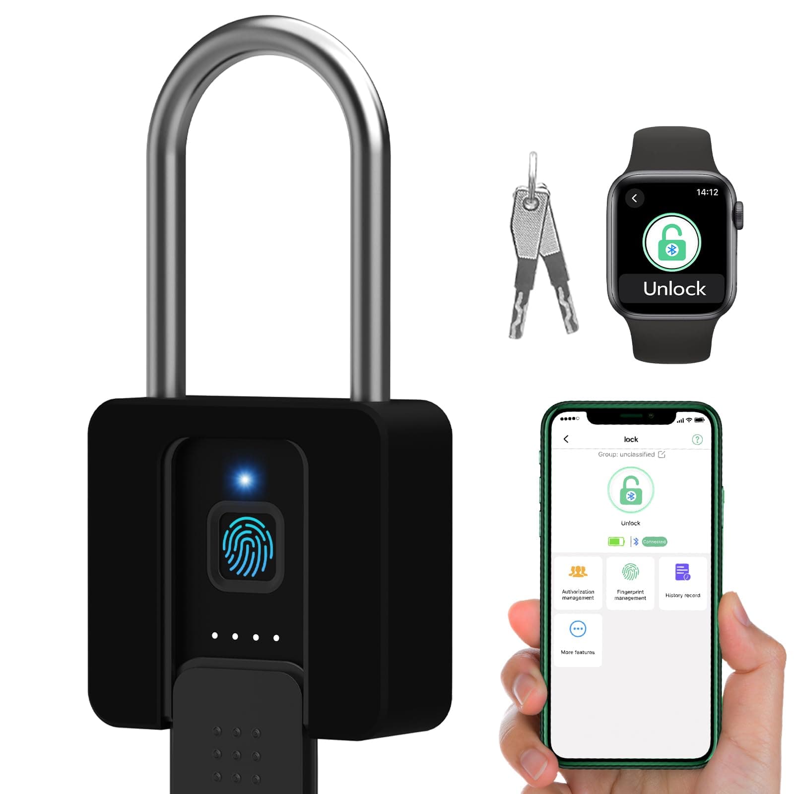 Fingerprint Lock, 2.7'' Long Shackle Heavy Duty Outdoor Padlock with Fingerprint Key Bluetooth APP, Weatherproof Biometric Electronic Gate Lock with Protective Shell for Fence Shed Gym Yard