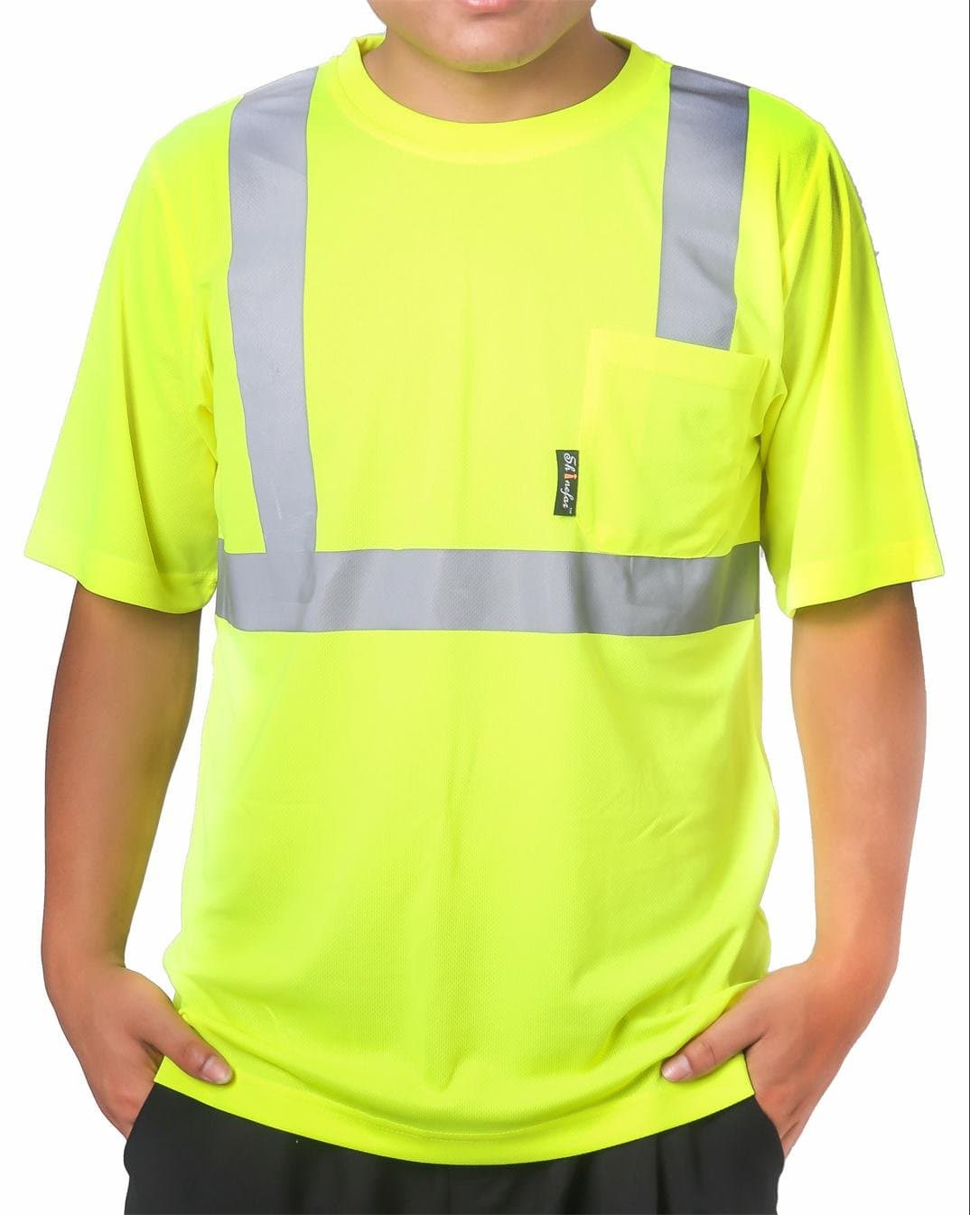 Shinefar Reflective T Shirt Safety Short Sleeve, ANSI class2, Heat Strip with Pocket, Lime, Size: L