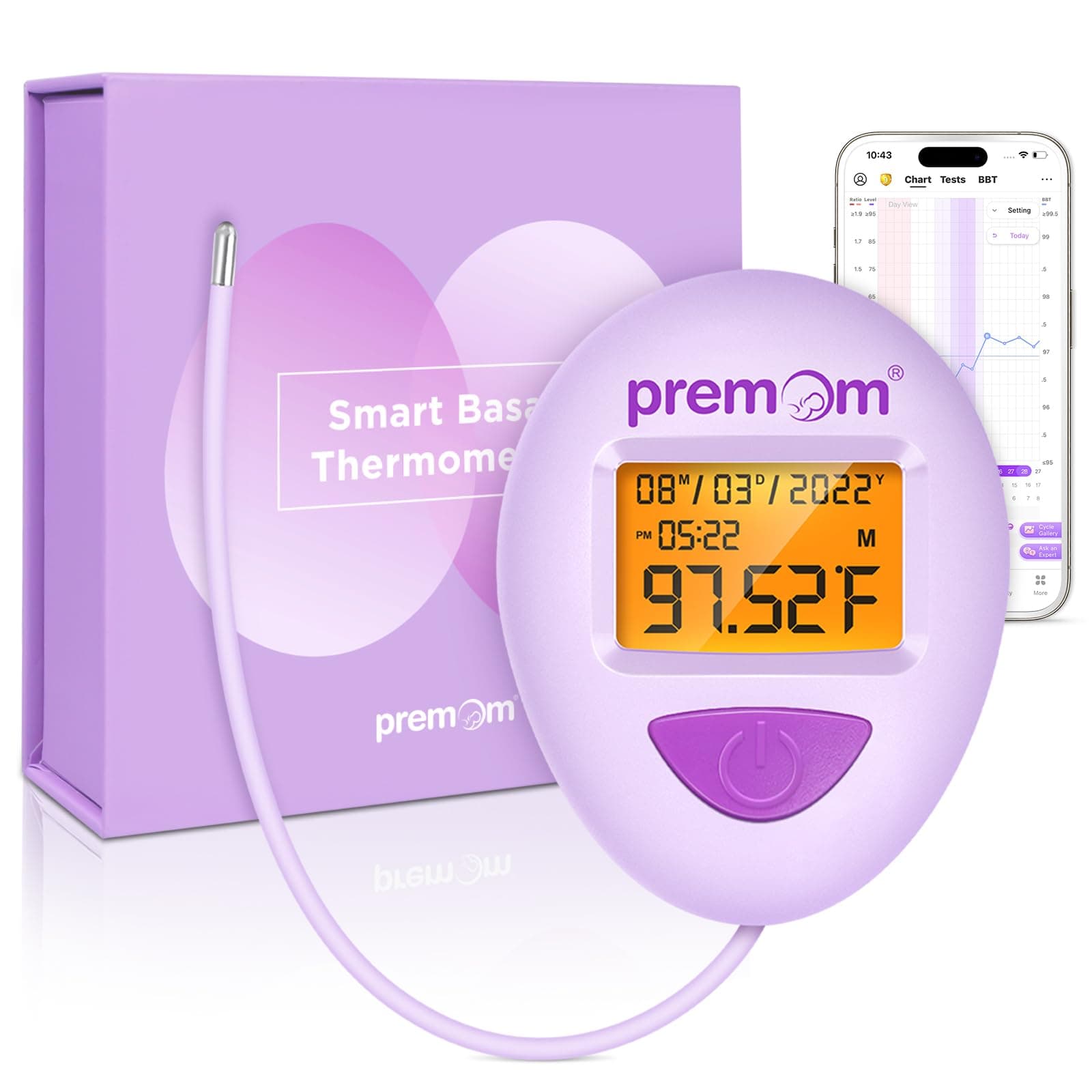 Smart Basal Body Thermometer for Ovulation: Long-Tip for Hands-Free, Digital Ovulation Tracker with 1/100th Degree High Precision, Backlight & 60 Memory | Premom App Supported | EBT-380