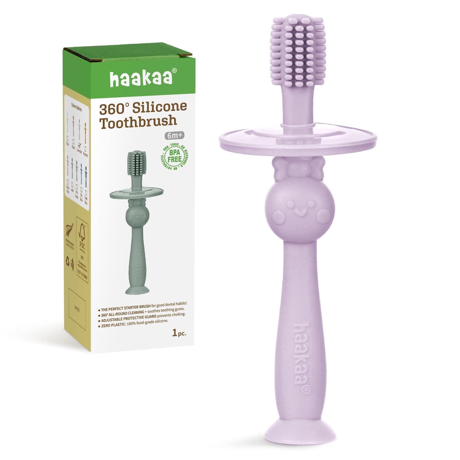 haakaa 360° Baby Toothbrush with Suction Base - Gentle Cleaning for Infant Self-Brushing Training, Sorft Food-Grade Silicone, Baby Teething Relief - Lavender, 1 Count