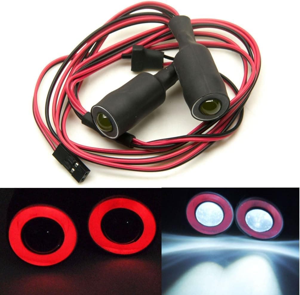 MOHERO 2 LEDs Angel Eyes & Demon Eyes LED Light Headlights for 1/10 RC Model Crawler Cars Headlamps (Red+White, 13mm)