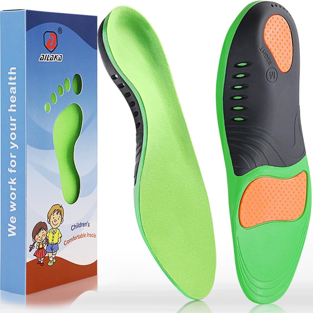 Ailaka Kids Orthotic Arch Support Shoe Insoles, Plantar Fasciitis Cushioning Athletic Inserts for Flatfoot Pain Relief Running Walking Green