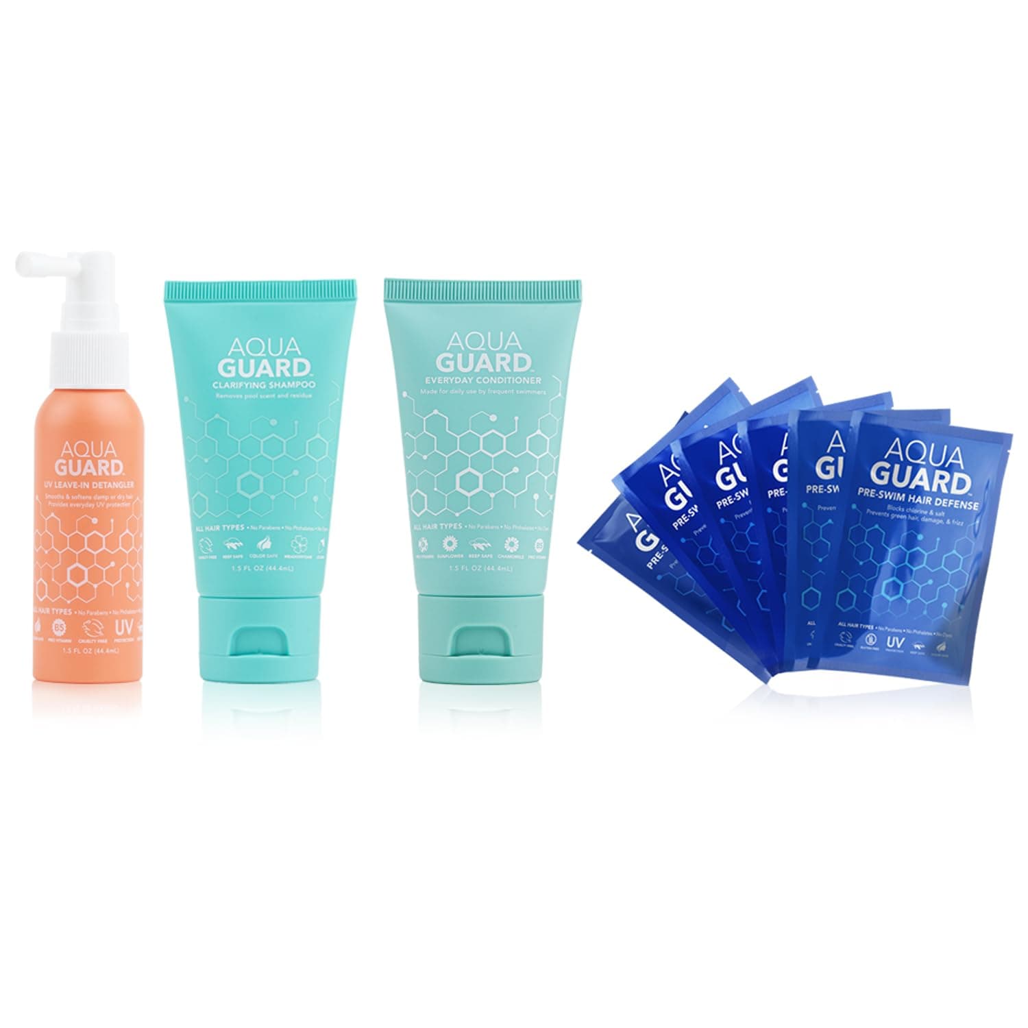 AQUA GUARD Travel Pack (Conditioner, Shampoo, Detangler, packets of Pre-swim Hair Defense)