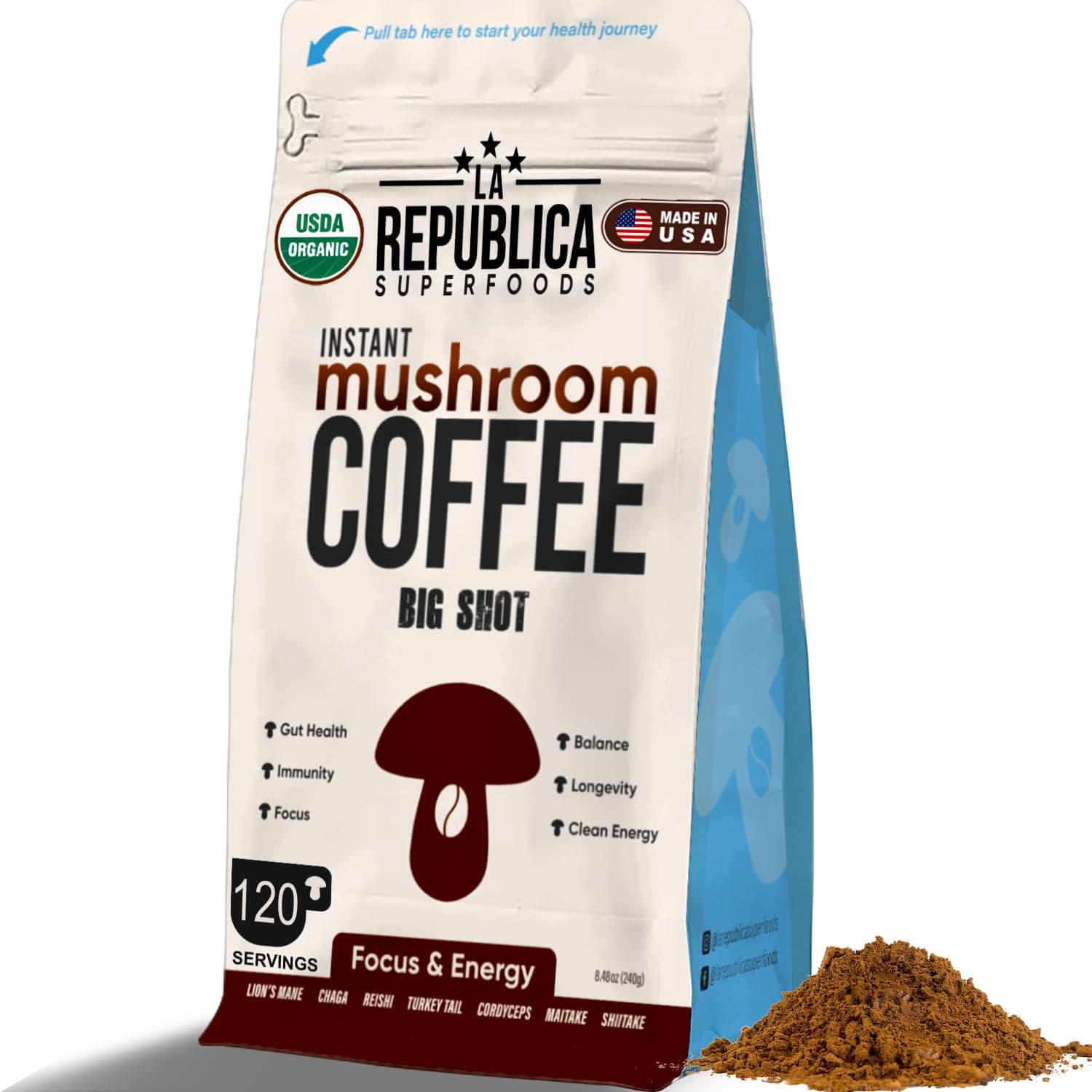 La Republica Big Shot Instant Mushroom Coffee Organic (120 Servings) with Lion's Mane, Reishi, Chaga, Cordyceps, Maitake, Turkey Tail