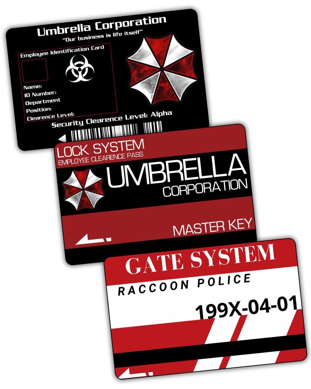 Survival Horror Key Card Pack – Set of 3 PVC Access Cards – Sci-Fi Biohazard Style – Collectible Cosplay Accessories