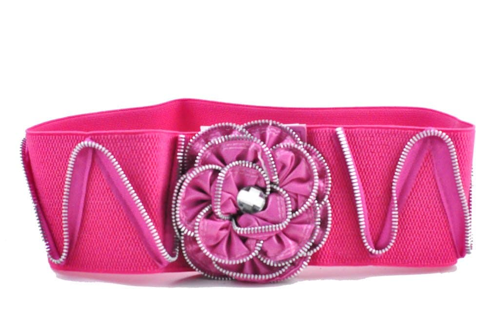 Fabulous Women 4" Thick Wide Stretch Elastic Belt w/Zipper Flower (S/M, PINK)