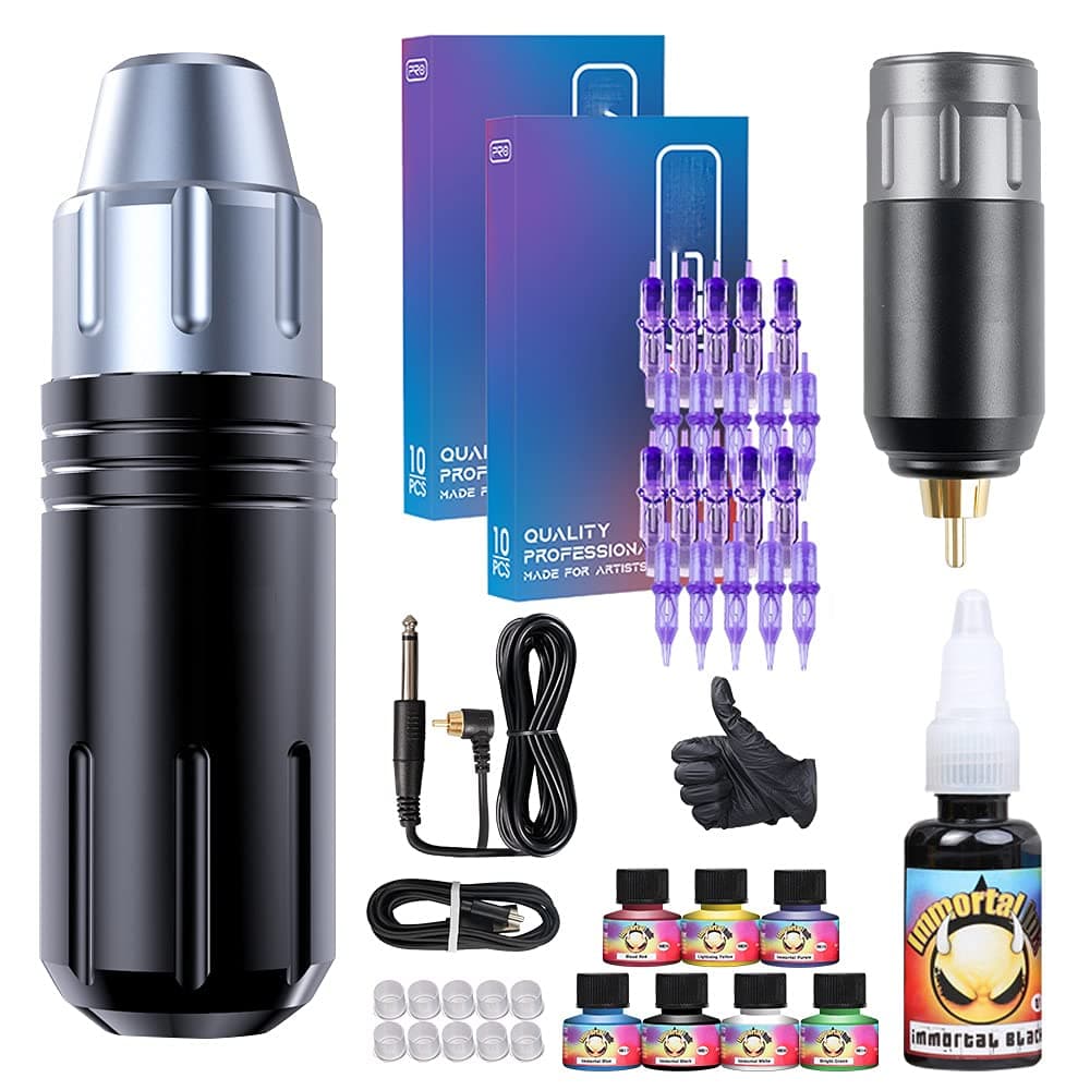 Professional Complete Rotary Tattoo Machine Makeup Pen Kit Permanent with Wireless Battery Power Supply Needles Ink Set