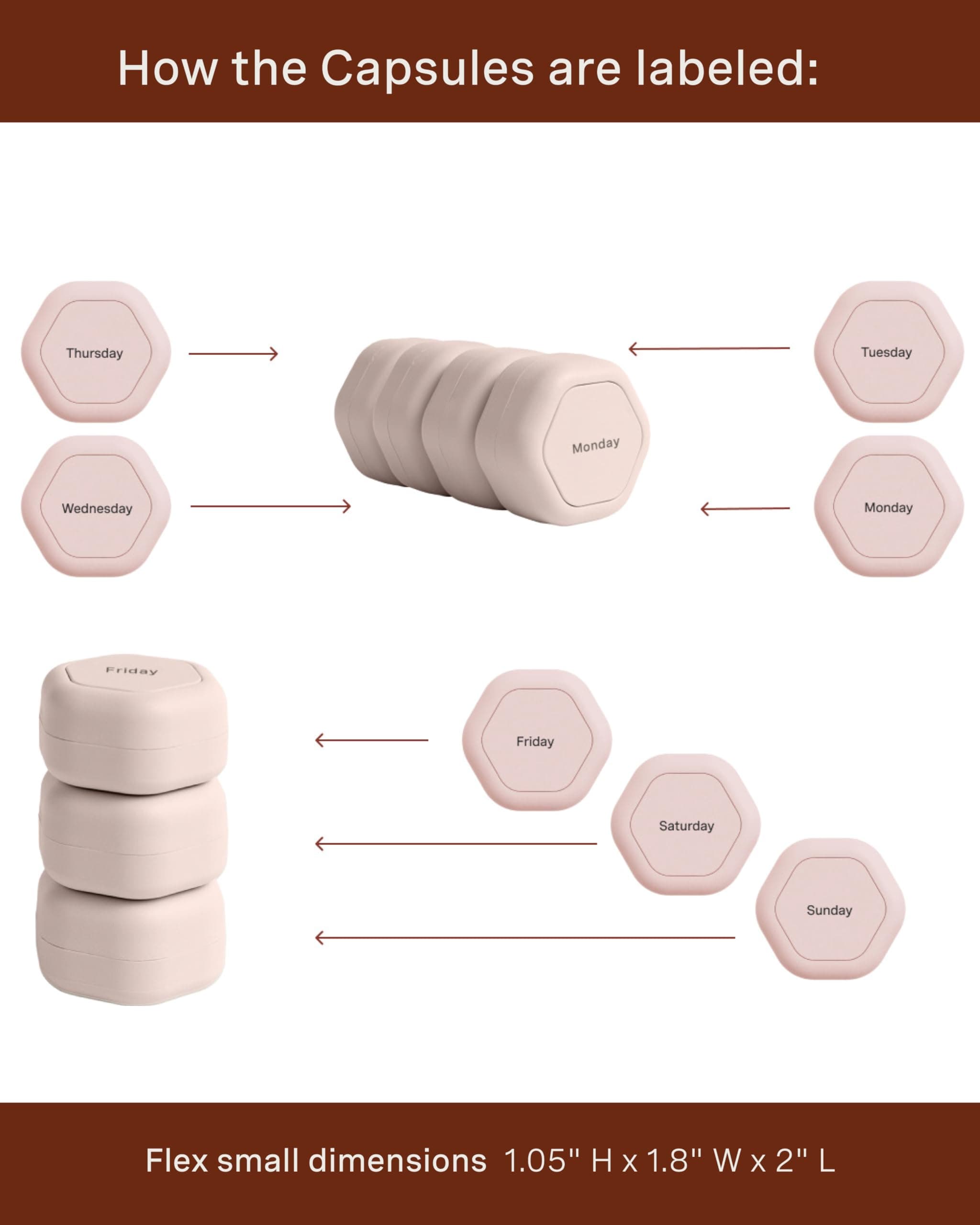 Cadence Travel Containers - Pill Case Set - Magnetic Travel Capsules - A Daily Pill Box for Supplements & Vitamins - Contains 7 Flex Smalls (0.56oz) with Labels for Everyday of The Week - Petal