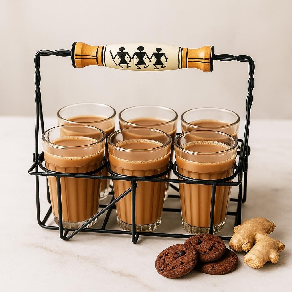 ARTYSTA BEAUTIFYING LIVES 'Warli Transparent' Cutting Chai Glasses with Stand|Tea Glass Set of 6 with Stand and 1 Extra Glass|Dhaba Style Tea Glass Holder Carrier (Wrought Iron), 120 Ml