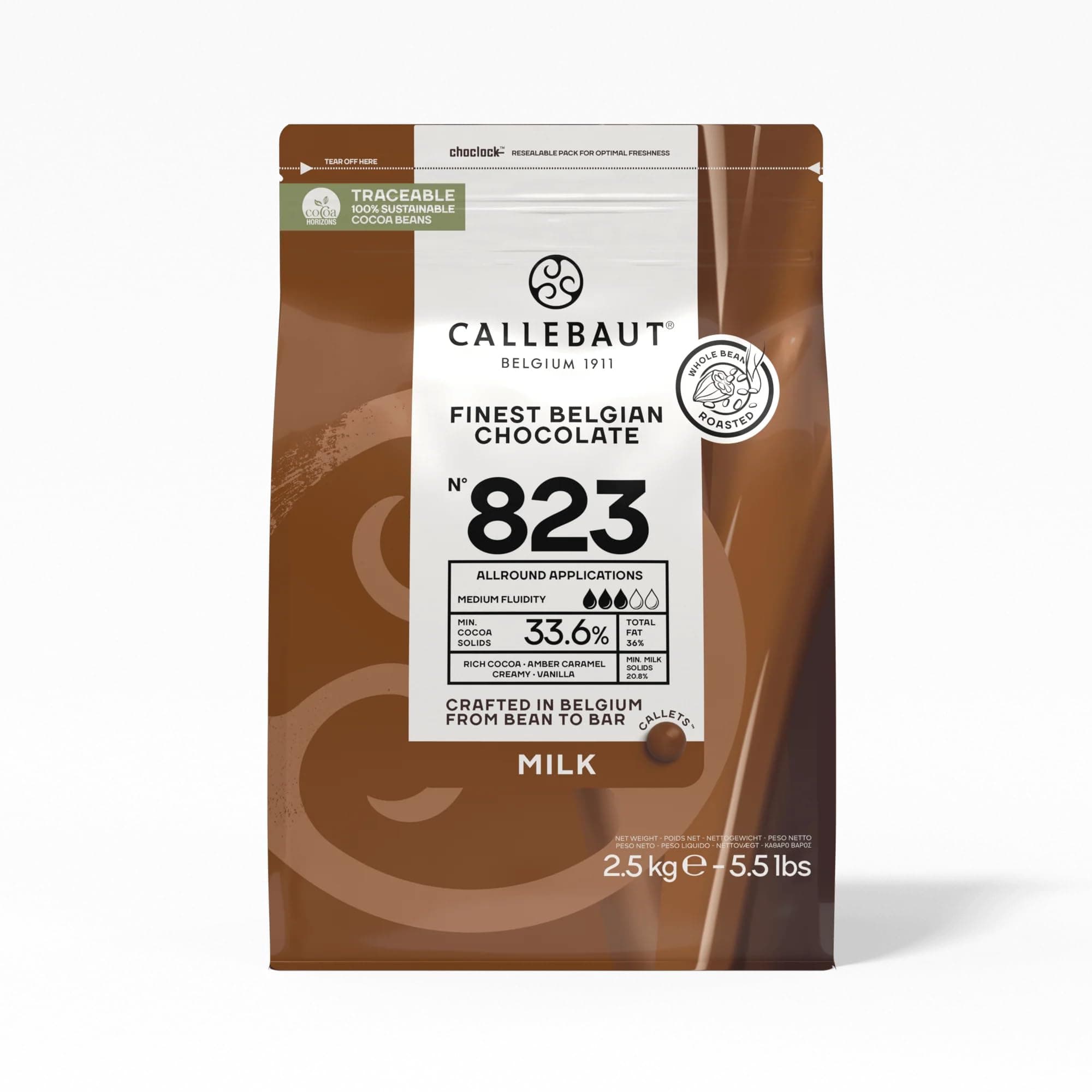Callebaut Belgian Milk Chocolate Callets for Baking (Chips) - 33.6% - 1 Bag, 5.5 Lbs