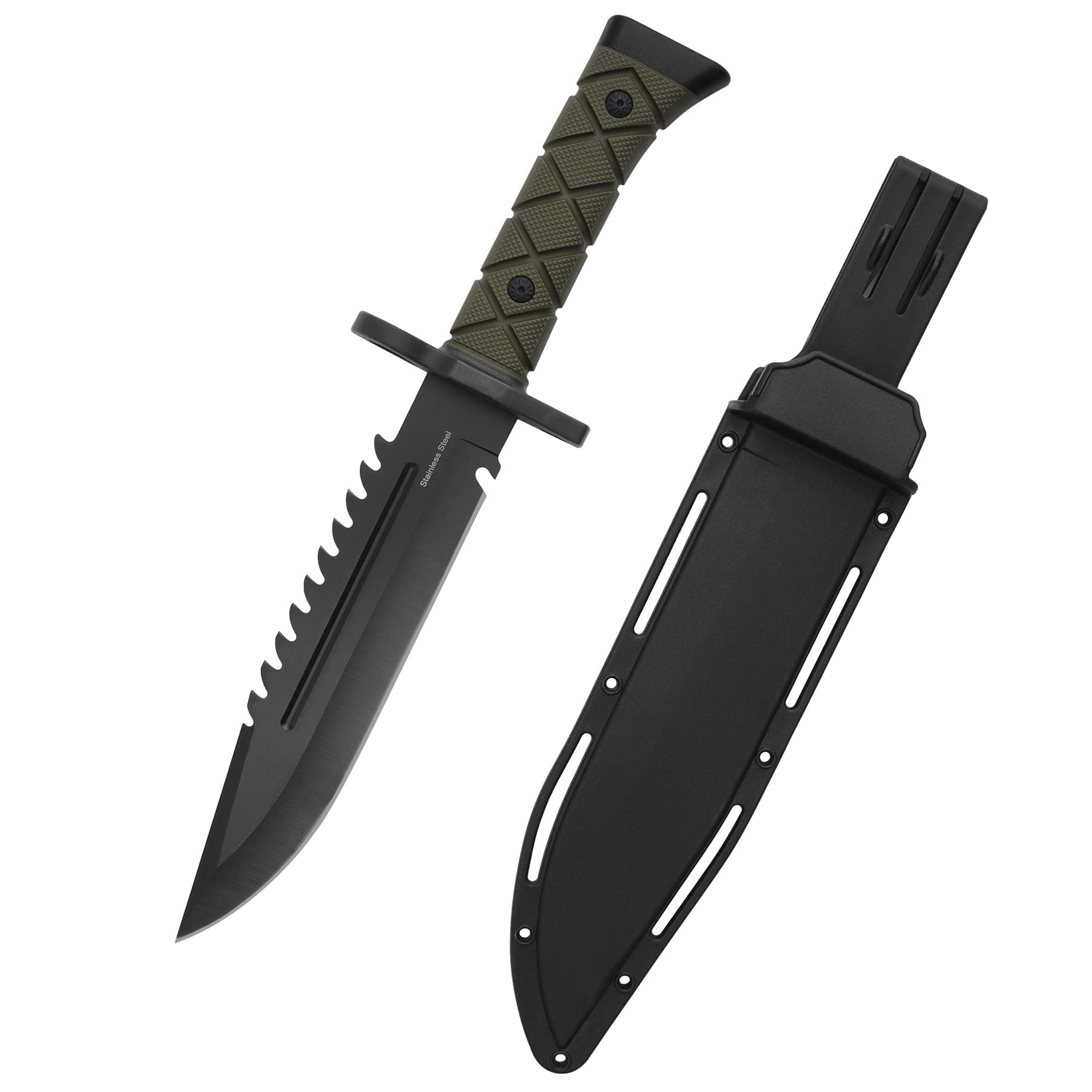 15" Fixed Blade Tactical Knives with Sheath, Stainless Steel Survival Hunting Bushcraft Full Tang Non-Slip Handle Knife with Serrated Blade Back for Camping Adventure EDC