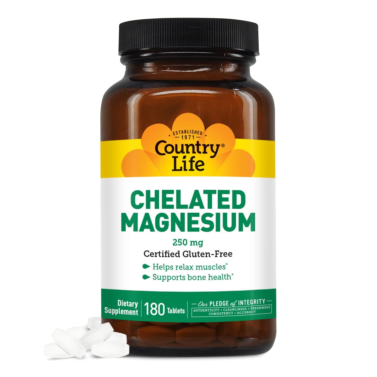 Country Life Chelated Magnesium 250mg - Supports Heart, Bone & Muscle Health, Vegan-Friendly Magnesium Supplement with Magnesium Oxide and Amino Acid Chelate, Gluten-Free