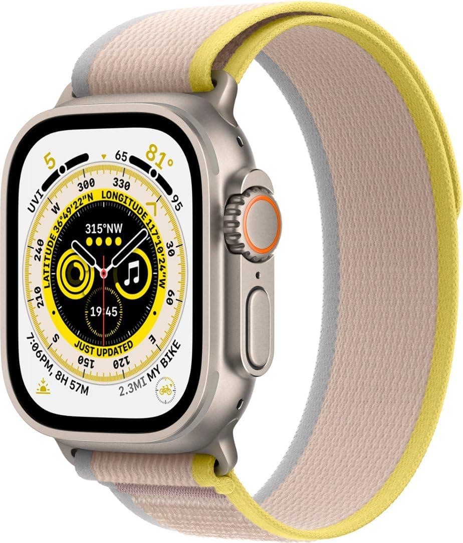 Apple Watch Ultra [GPS + Cellular 49mm] Titanium Case with Yellow/Beige Trail Loop, S/M (Renewed)
