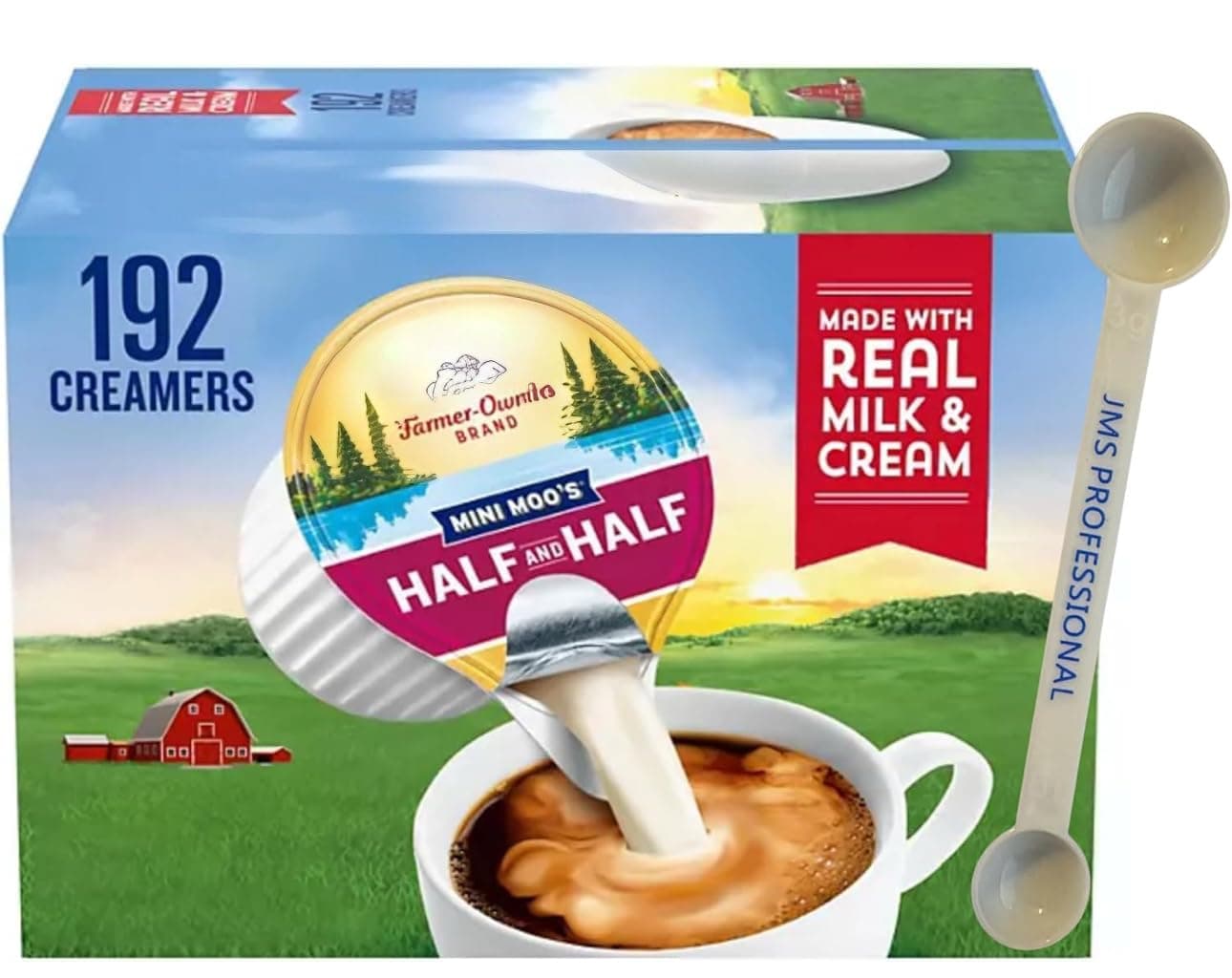 Coffee Creamer Singles Mini Moo’s Half & Half Creamer Singles, (192 Count), along with our 1g – 3g Plastic Measuring Scoop By JMS PROFESSIONAL.