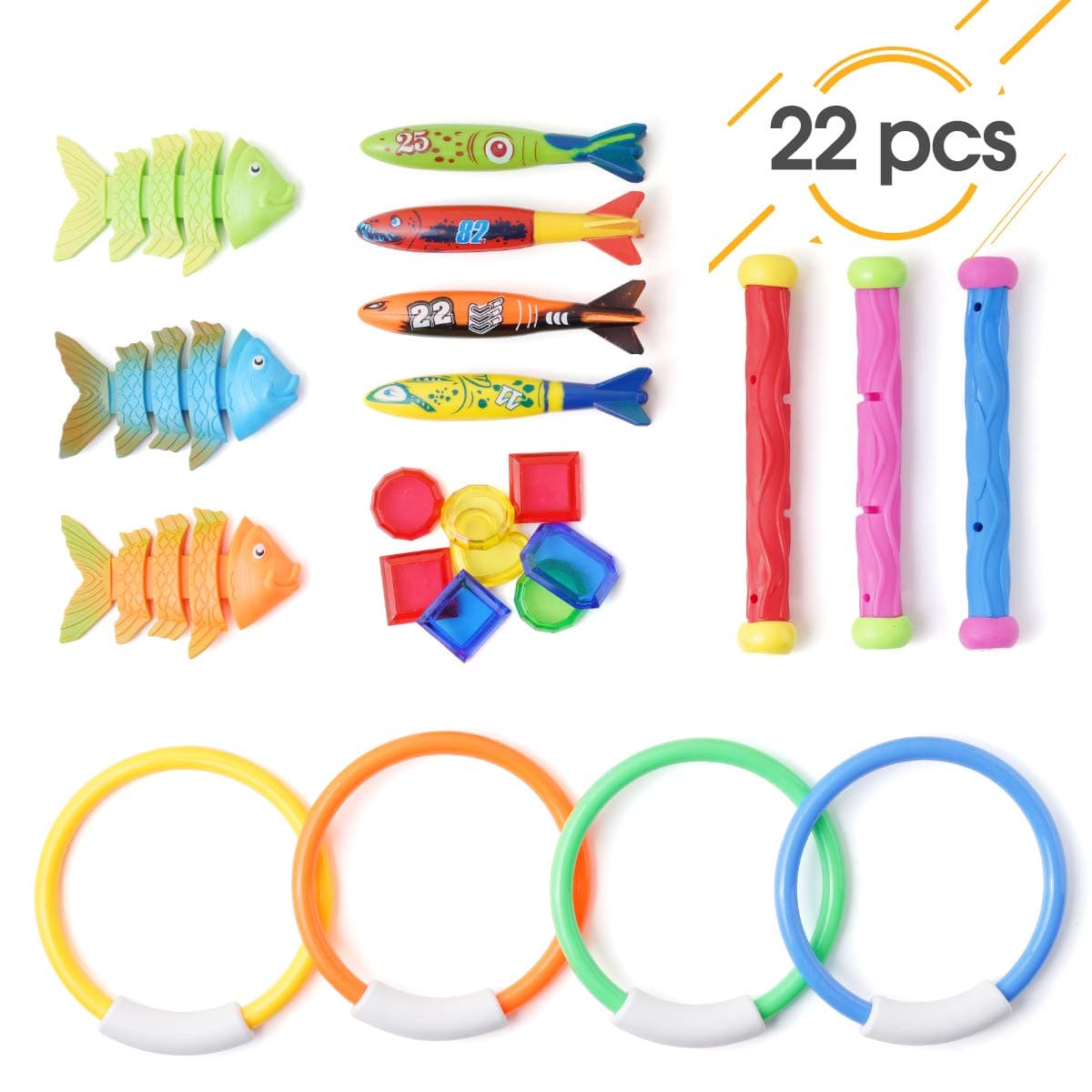 22 Pack Underwater Swimming/Diving Pool Toys Diving Rings(4 Pcs), Toypedo Bandits(4 Pcs), Diving Sticks(3 Pcs), Fish Toys (3 Pcs) with Under Water Treasures (8 Pcs) Gift Set Bundle