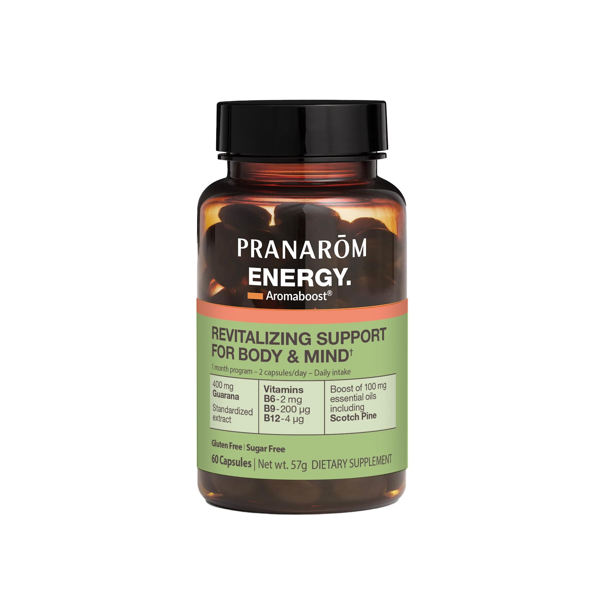 PranaromAromaboost Energy Herbal Supplement - for Physical and Mental Fatigue - Guarana - Vitamins B6 B9 B12 - Pure Scots Pine Essential Oil - 60 Count