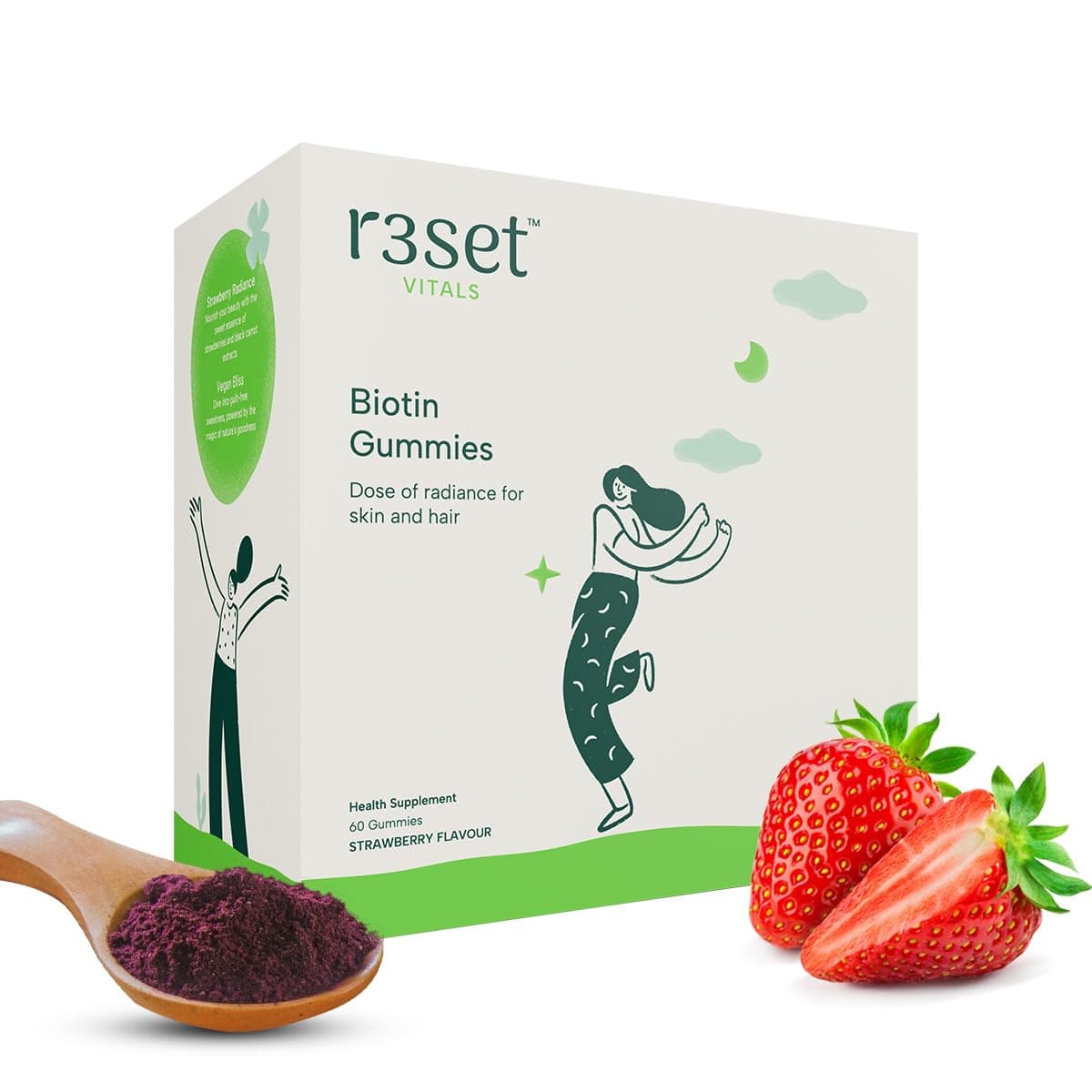 R3SET 100% Natural Biotin Gummies | Shinier Hair & Nails | Strawberry Flavour | Improves Hair health | Zero Calories | Supports Skin & Overall health, 60 Gummies