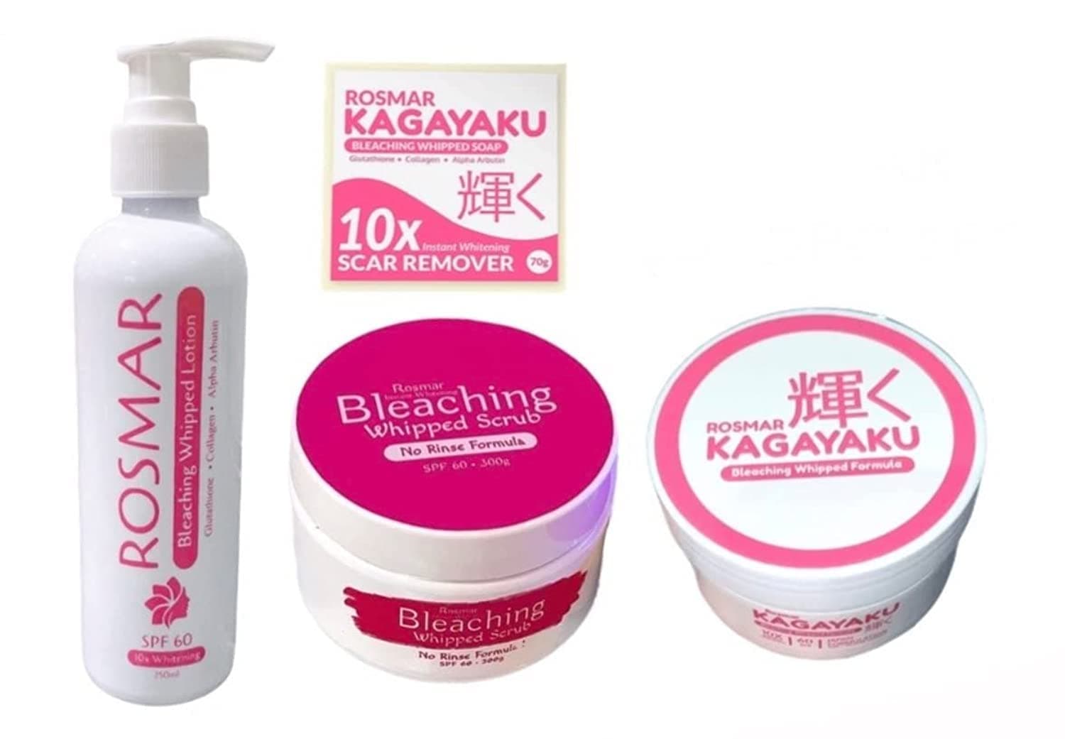 ROSMAR QUADRO SET (Kagayaku Bleaching 10X Soap, Rosmar Bleaching Scrub, Kagayaku Bleaching Whipped Formula, Bleaching Whipped Lotion)