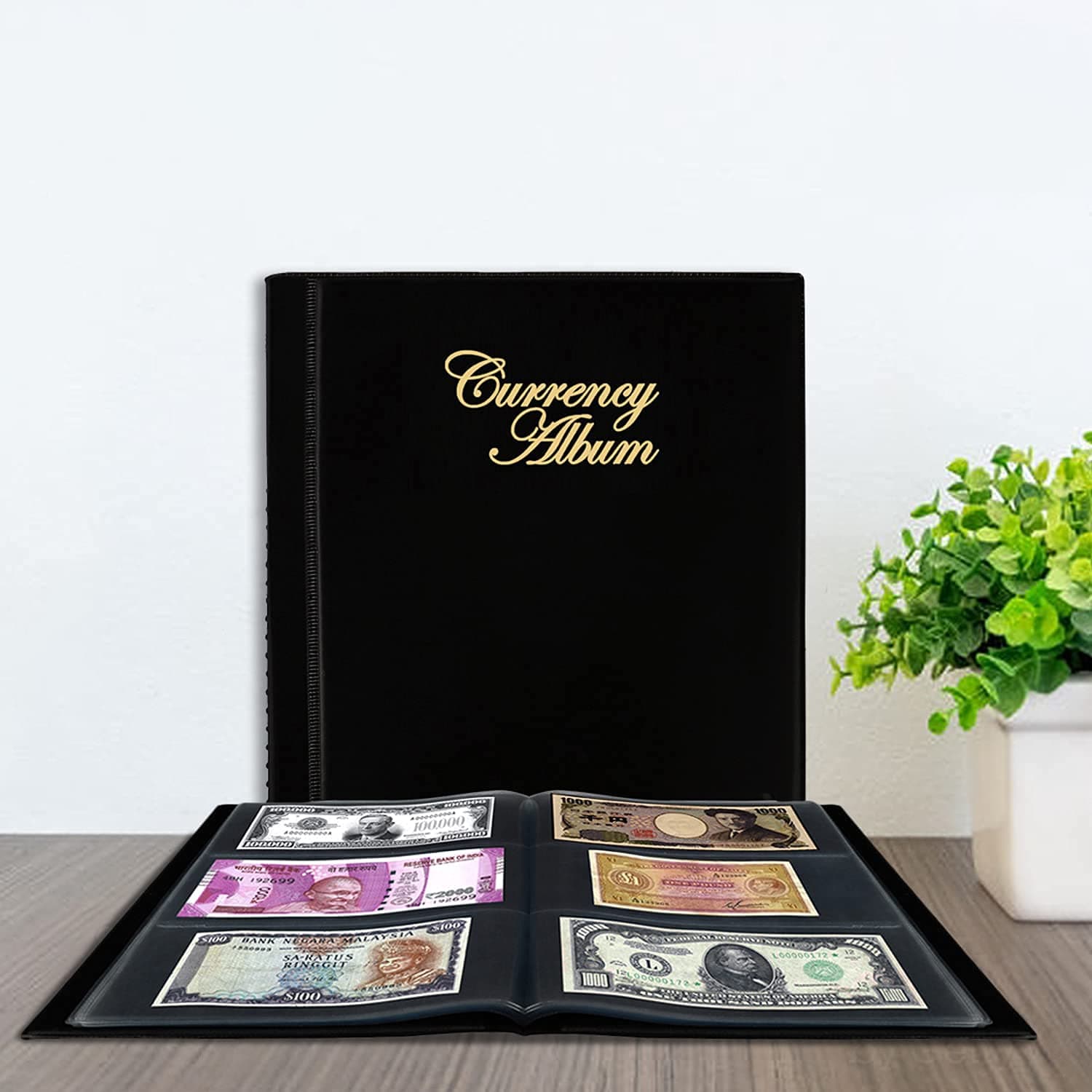 Currency Album for Notes (102 Pockets) - Faux Leather Cover Currency Note Collection Album - Fits Big Currency Notes (Black)
