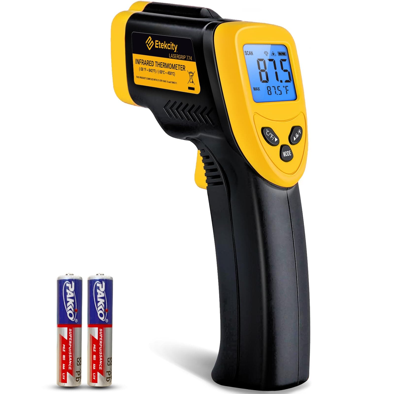 Infrared Thermometer Laser Temperature Gun 774, Meat Food Candy Oven Thermometer for Griddle Accessories, Heat Gun for Cooking Refrigerator Tools, Adjustable Emissivity & Max Measure, Yellow