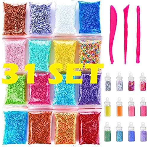 Foam Beads for Slime | Slime Beads and Glitter | Fruit Slices for Slime | Jumbo Foam Beads For Slime | Floam Beads 16 Pack(80000pcs) 12 Pcs Glitter Jars and 3 Slime Tools | Newest 2019 |