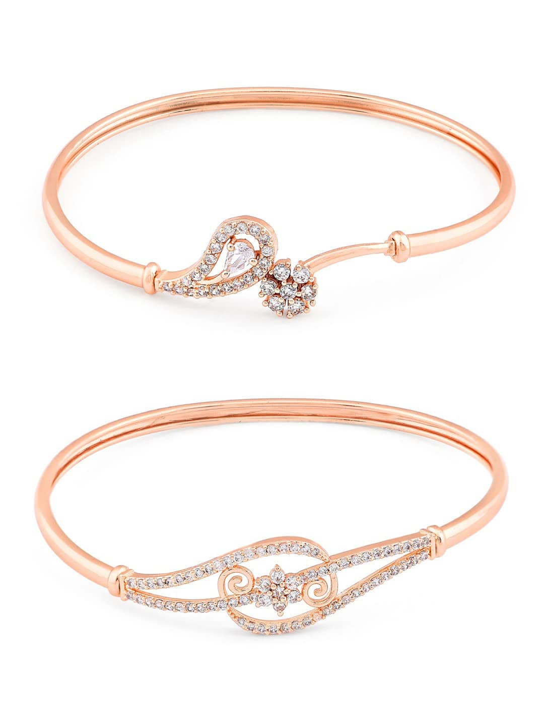Set of 2 Rose Gold Cubic Zirconia Contemporary Brass Kada Bracelets For Women-ZPFK13384
