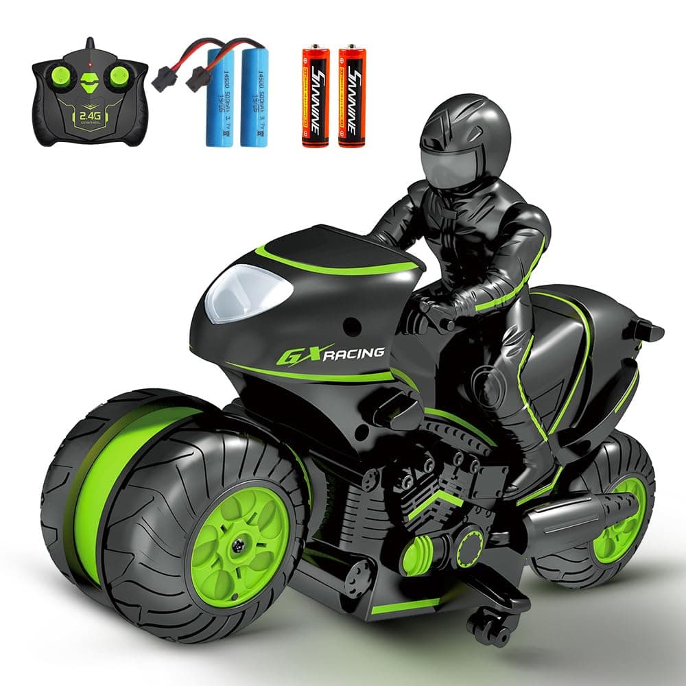 RC Motorcycle, Remote Control Motorcycle Toy for Kids, 2 Rechargeable Batteries for 50 Mins Playtime, 2.4GHz Remote Control Stunt Bike with 360° Spins, Drift, Great Gift for Boys and Girls