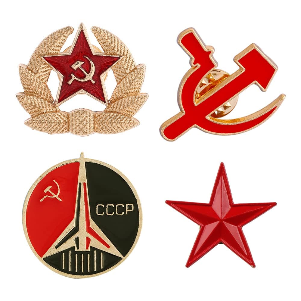 Ximimark 4 PCS Red Star Hammer Sickle Enamel Pin Retro USSR Symbol Brooch Soviet Union Marxism Logo Jewelry, Metal, no gemstone