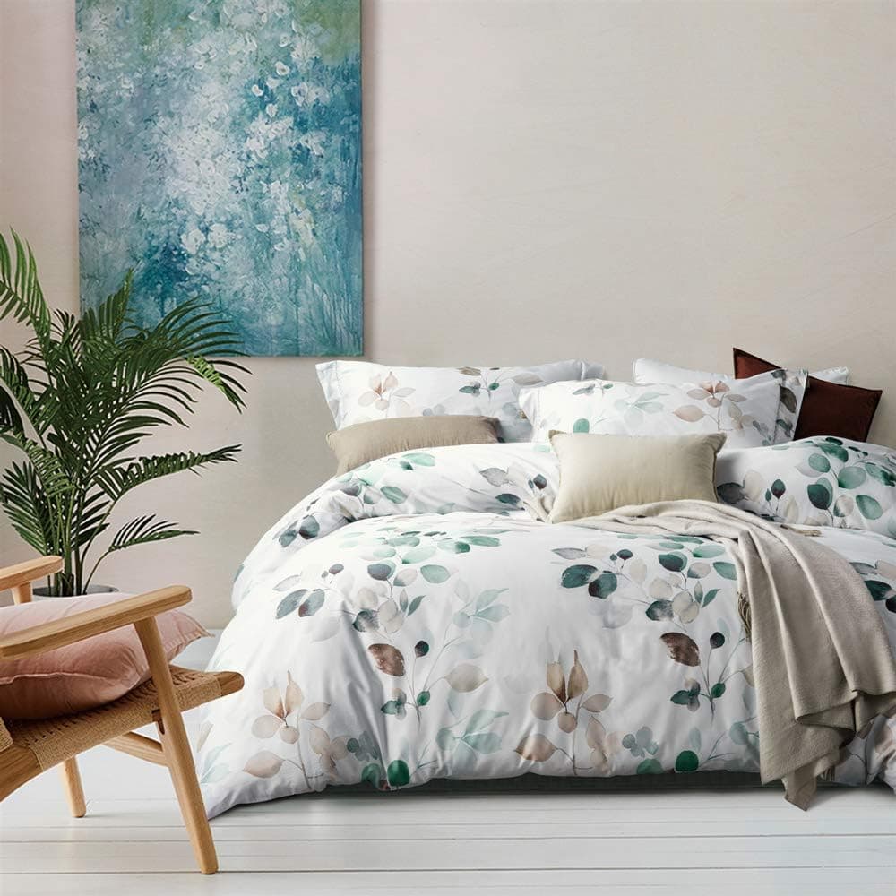MILDLY Duvet Cover Set 100% Long-Staple Cotton Green Leaves Pattern Printed Comforter Cover 3pcs, Soft & Breathable Lightweigt Bedding Set