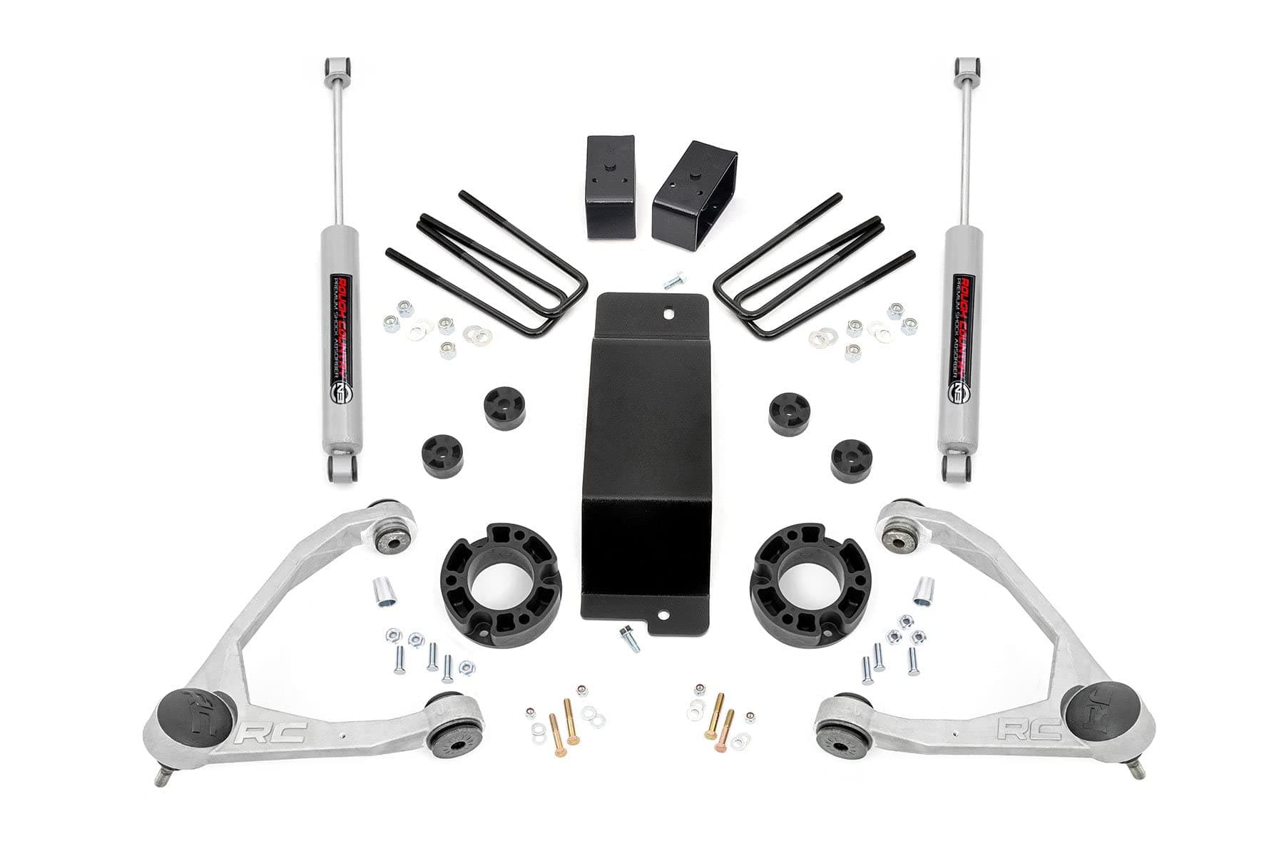 Rough Country 3.5" Lift Kit with Strut Spacers/N3 Rear Shocks for Chevy Silverado & GMC Sierra 1500 (2007-2016) - Silver Control Arms