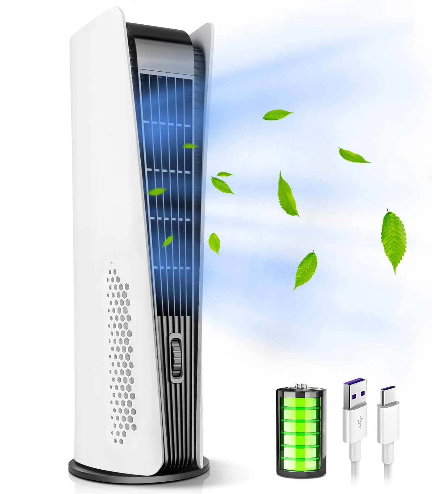 CONBOLA Tower Fan for Bedroom,Quiet Floor Fan,90° Oscillating Bladeless Fan,Portable Fan with 3 Speeds, Timer, Night Light, LED Display,Rechargeable Desk Fan for Home Office(10000mAh)