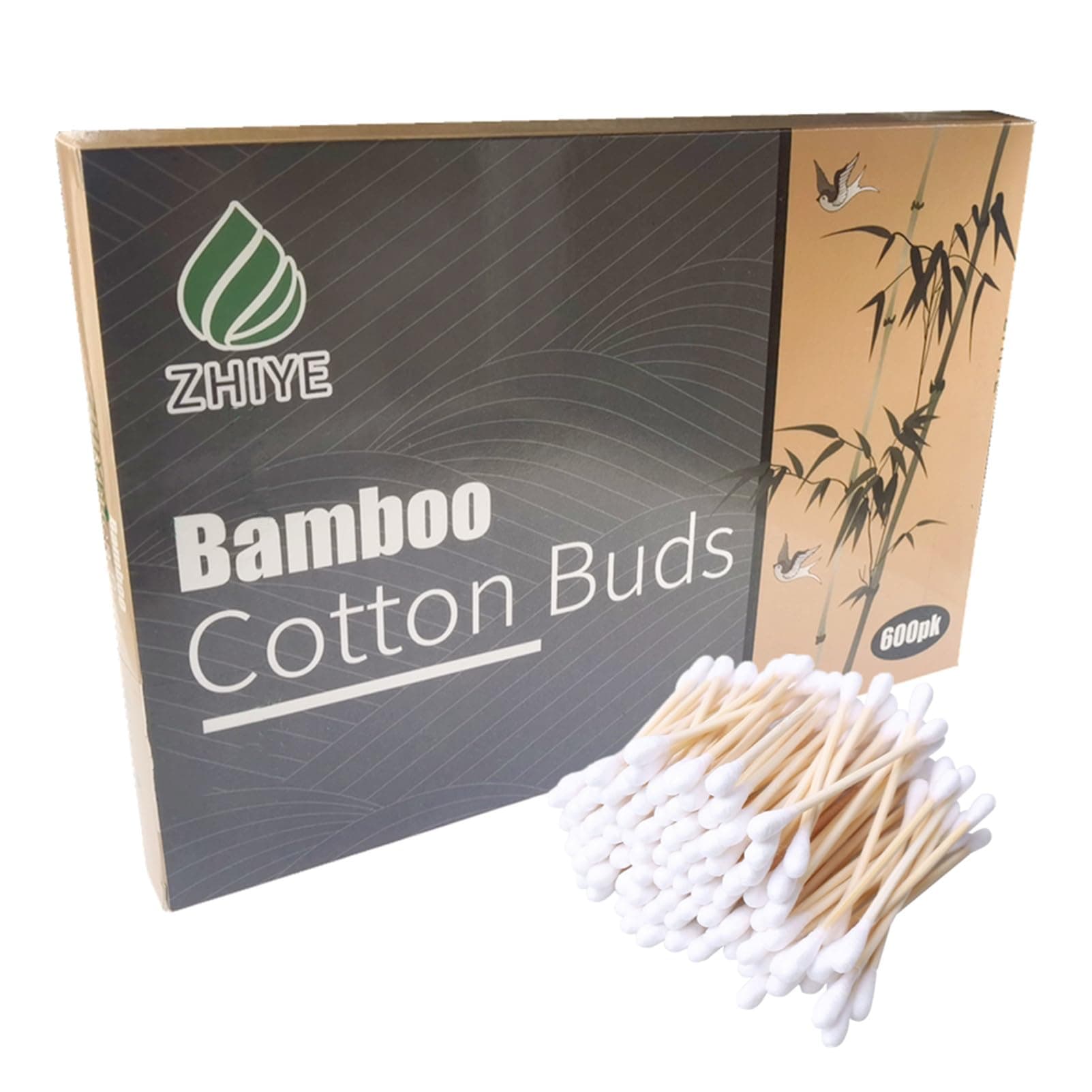 600 pk Bamboo Cotton Buds (6 x 100) by ZHIYE, 100% Biodegradable Cotton Swab with Wooden Handles for Cleaning Ear, Makeup,Keyboard,Wound etc
