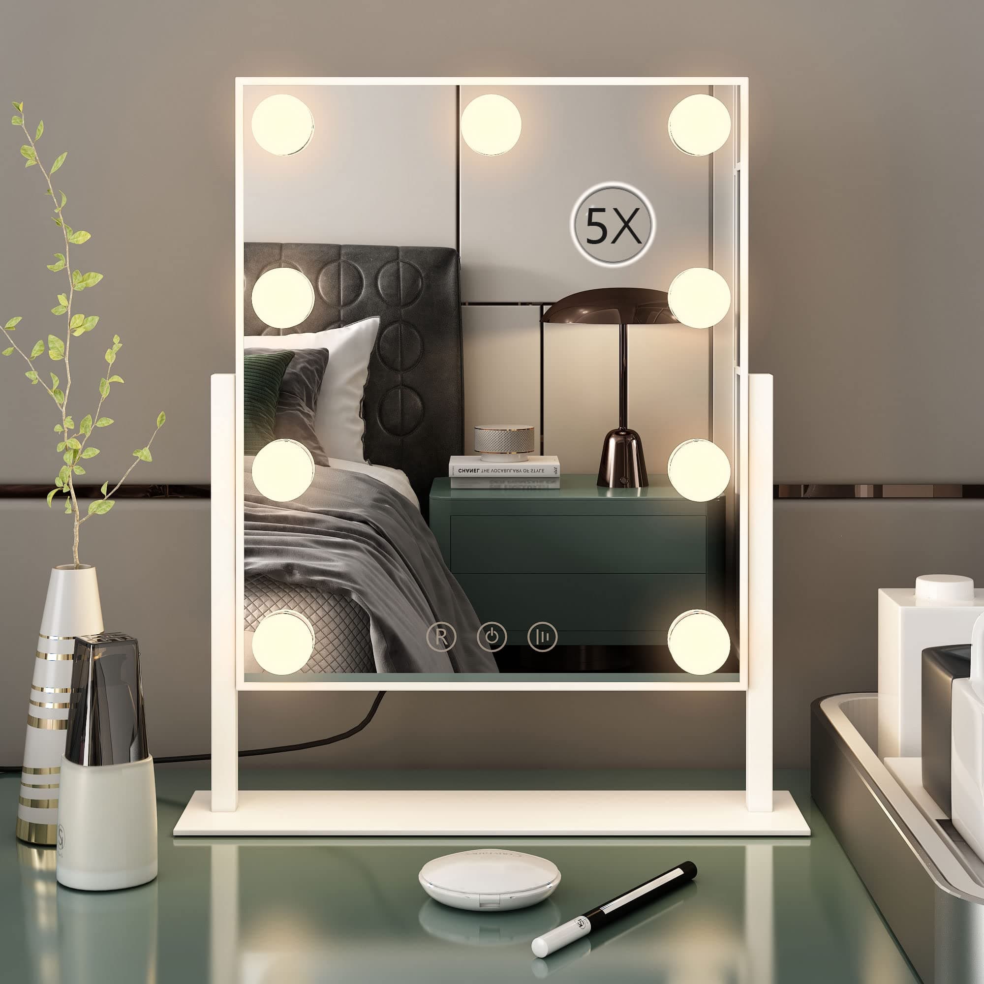 Tabletop Mount Vanity Mirror with Lights Makeup Mirror with with 9 LED Lights Smart Touch Control 3 Colors Light 360° Rotation (White)