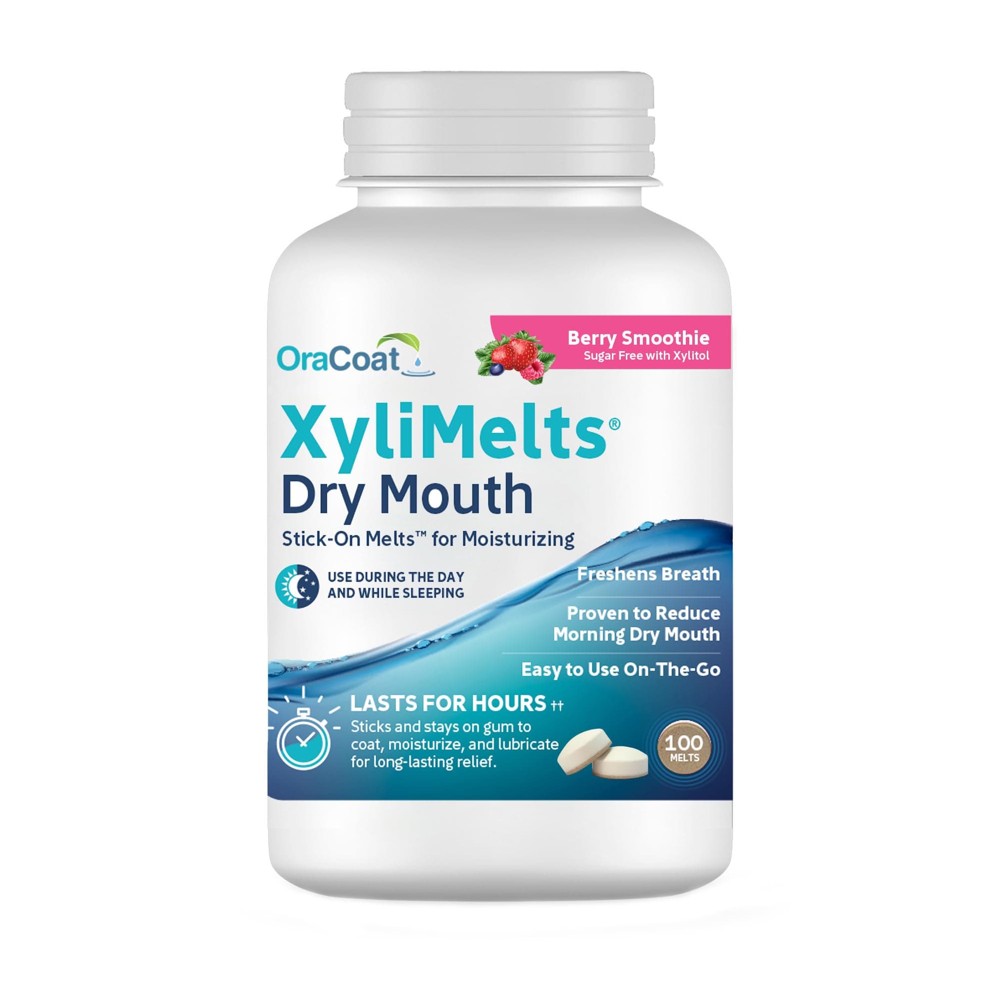 Oracoat XyliMelts for Dry Mouth Night Time or Day - Moisturizing Dry Mouth Adhering Discs, Sugar Free with Xylitol, 100 Count, Berry Smoothie Flavor, 8-Hour Relief