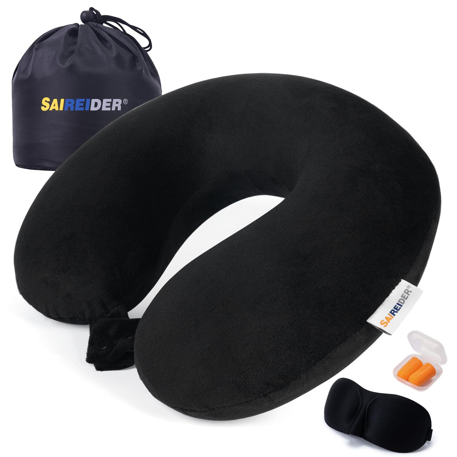 SAIREIDER Neck Pillows for Travel 100% Memory Foam Adjustable Travel Pillows with Storage Bag, Sleep Mask and Earplugs-Prevent The Heads from Falling Forward (Black)