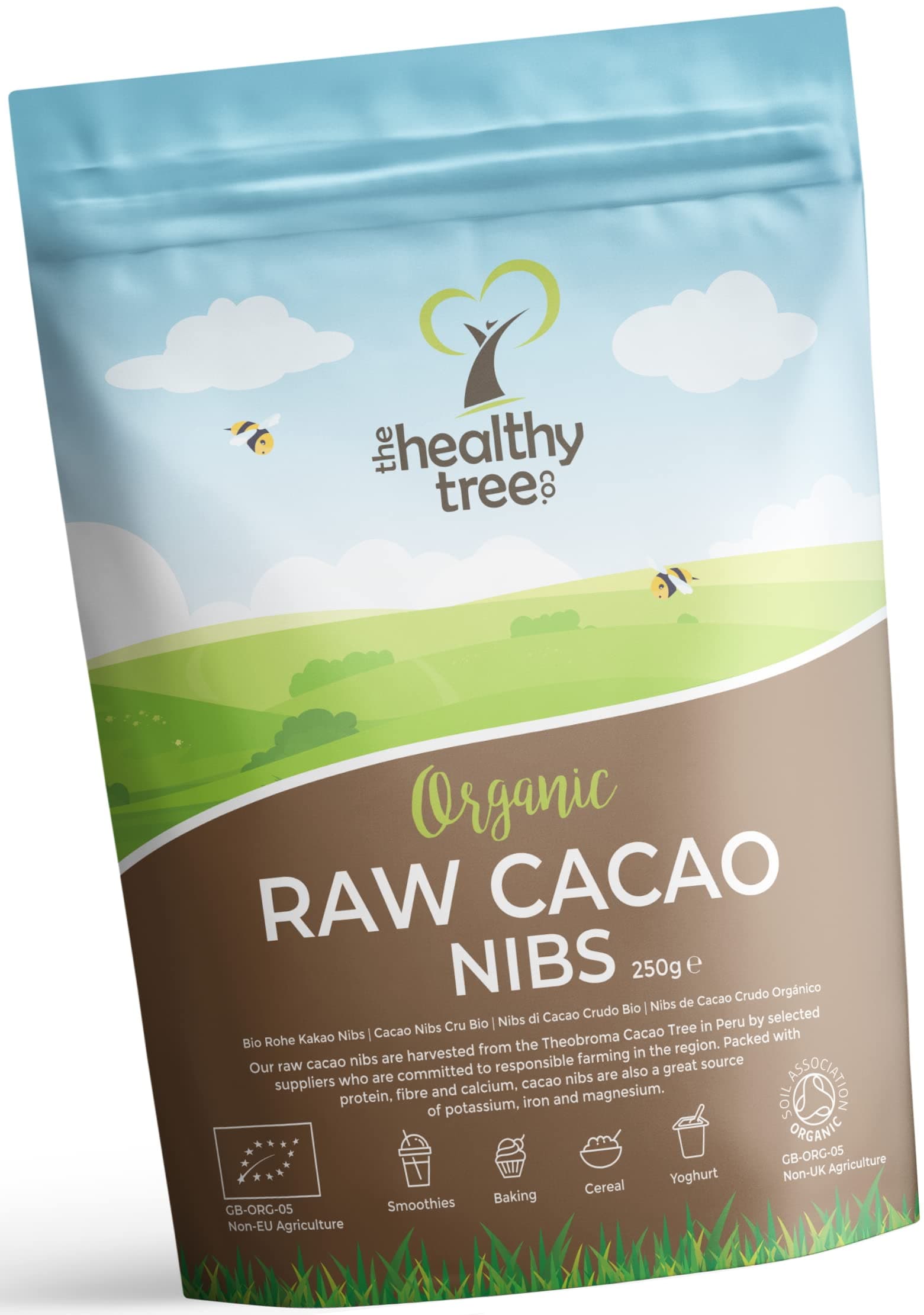 Organic Raw Cacao Nibs by TheHealthyTree Company for Smoothies, Oats and Yoghurt - High in Fibre, Calcium, Copper and Magnesium - Peruvian Vegan Cocoa Nibs (250g)EU Organic