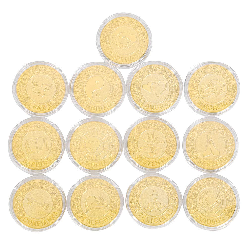 TINGKUSpanish Gold Wedding Unity Coins Set (13 Pcs), Storage Box with Book Collection Design for Wedding Ceremony, Bride Gift