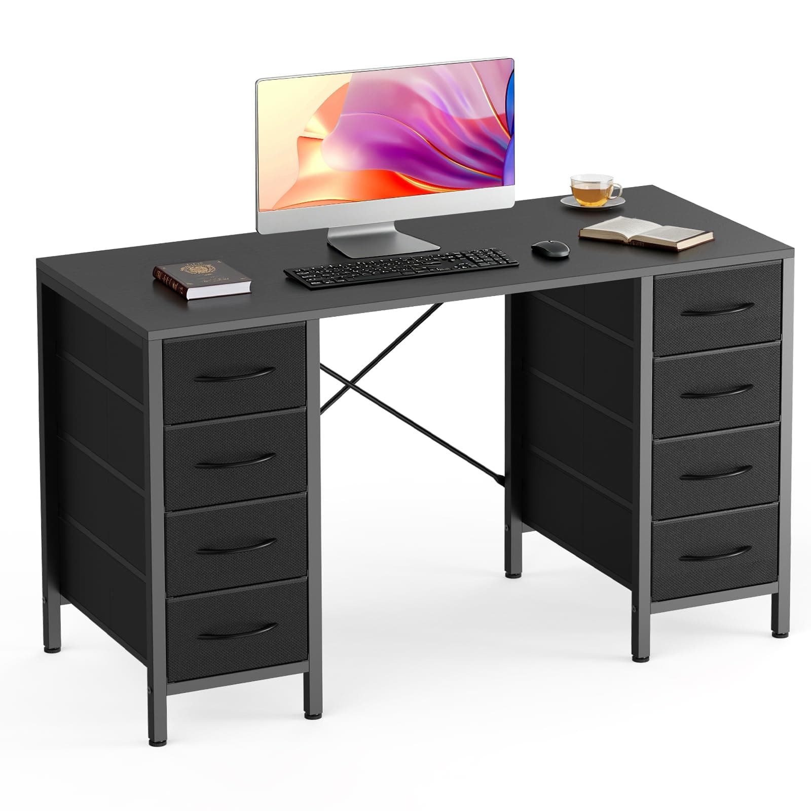 Sweetcrispy Computer Gaming Desk with 8 Storage Fabric Drawers, 47 Inch Home Office Bedroom Desk with Sturdy X-Frame, Modern Writing Study Work Table with Adjustable Feet, Black