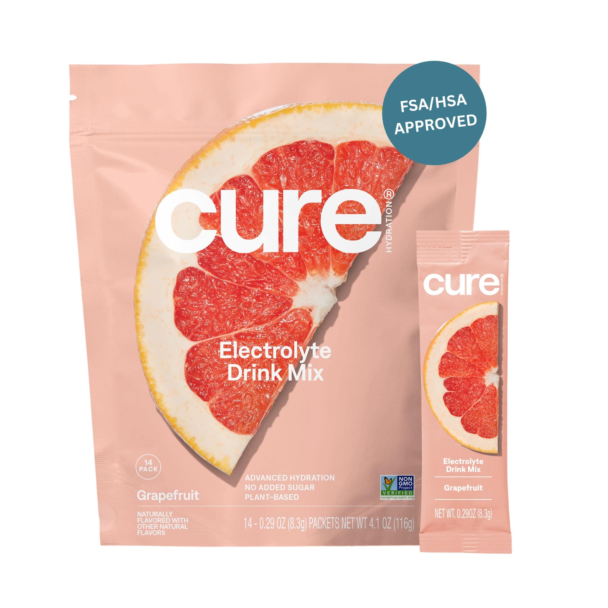 Cure Hydration | Plant-Based Electrolyte Drink Mix | No Added Sugar | FSA-HSA | Dehydration Relief Powder Made with Coconut Water | Non-GMO | Vegan | Pouch of 14 Packets - Grapefruit