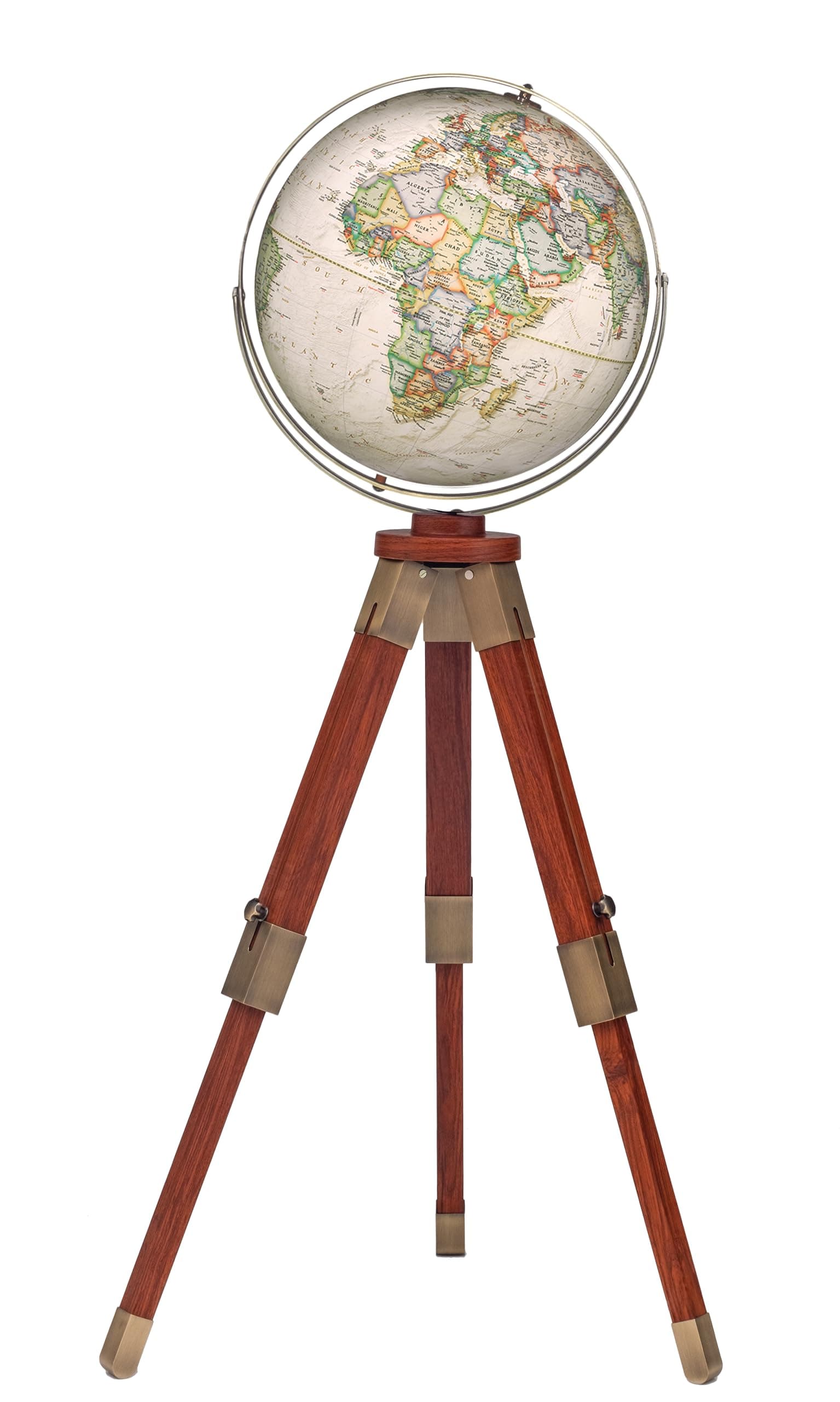 Eaton III 16" Diameter, National Geographic floor-standing globes is a beautiful home décor piece and hands-on reference guide for geography. This stylish globe with updated cartography will be the center piece for any room in your home or office. Also, the adjustable tripod stand allows for the globe to be displayed at a height that will make your viewing the most comfortable and easily adapting to different locaitons in your room. Thousands of place names give an accurate view of contemporary political boundaries. Raised relief helps distinguish topographic features around the world. Its antique brass plated gyro-matic meridian and hardware perfectly match the walnut stained hardwood legs and add to the look of this handsome tripod stand.