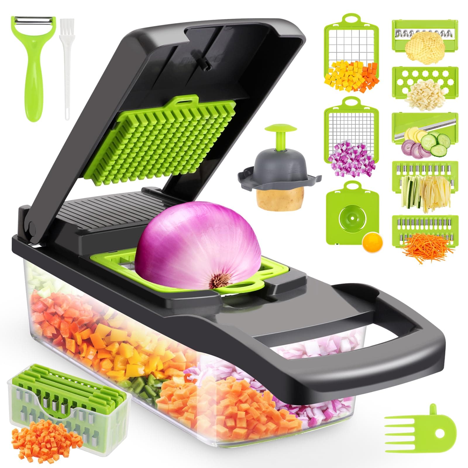Vegetable chopper,senbowe multifunctional 13-in-1 food choppers onion chopper vegetable slicer cutter dicer with 8 blades,colander basket,container for salad potato carrot garlic - green +white
