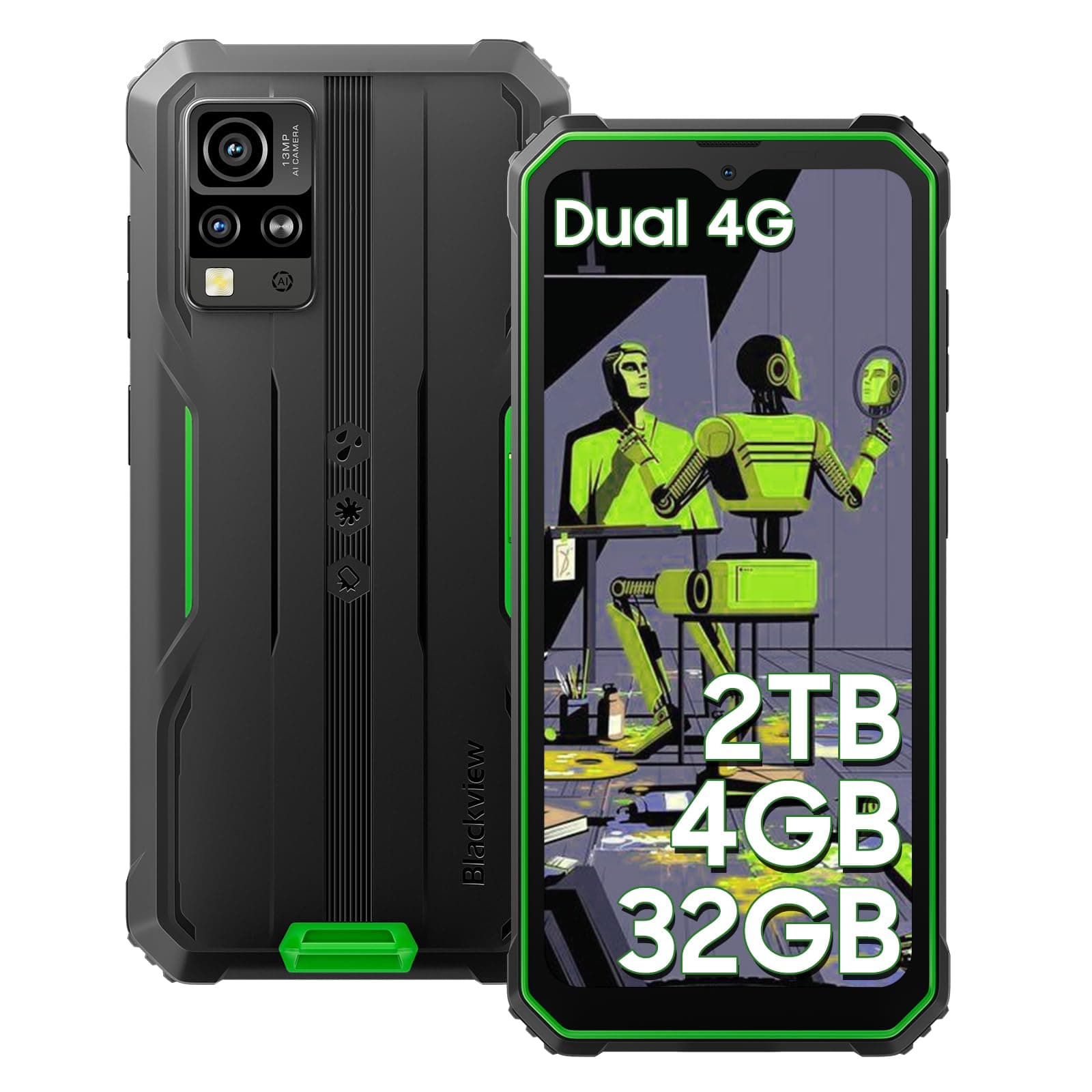 Blackview Phone BV4800, Android 4GB+32GB 2TB Expand Rugged Smartphone, 6.56" Incell Screen 5180mAh Rugged Phone, 4G T-Mobile Dual SIM Rugged Smartphone Unlocked, IP69K, 3 Card Slots/Face ID-Green