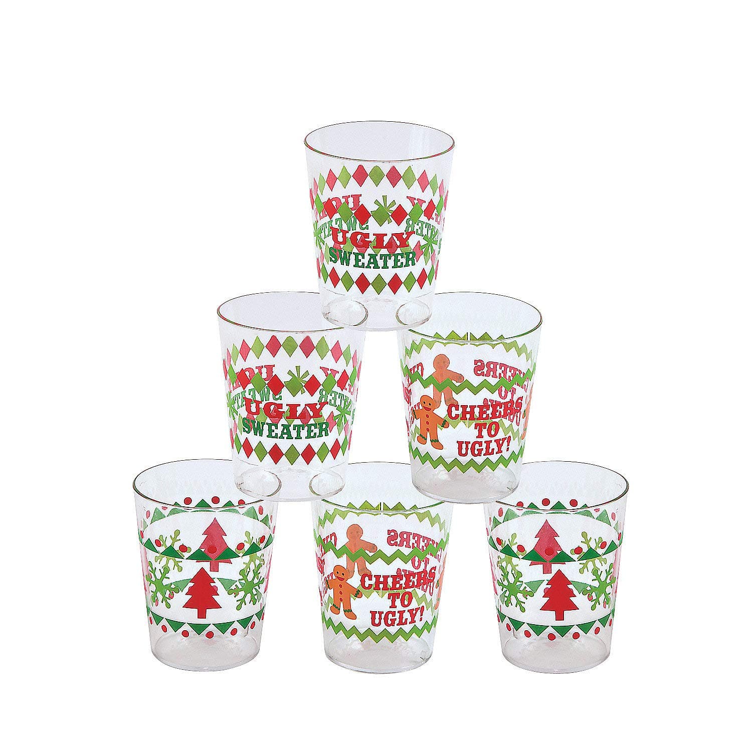 Fun Express Ugly Sweater Shot Glass - Bulk set of 24 Plastic Shot Glasses - Christmas Holiday Party Supplies - Each Holds 2 Ounces